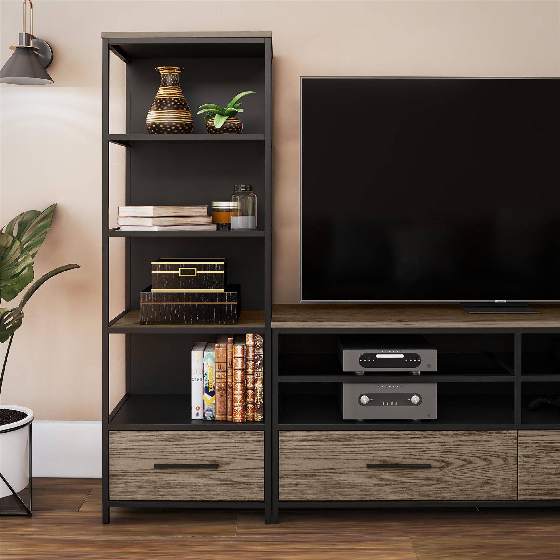 Structure Mixed Media Audio Pier with 2 Shelves and 1 Drawer - Sterling Oak Veneer