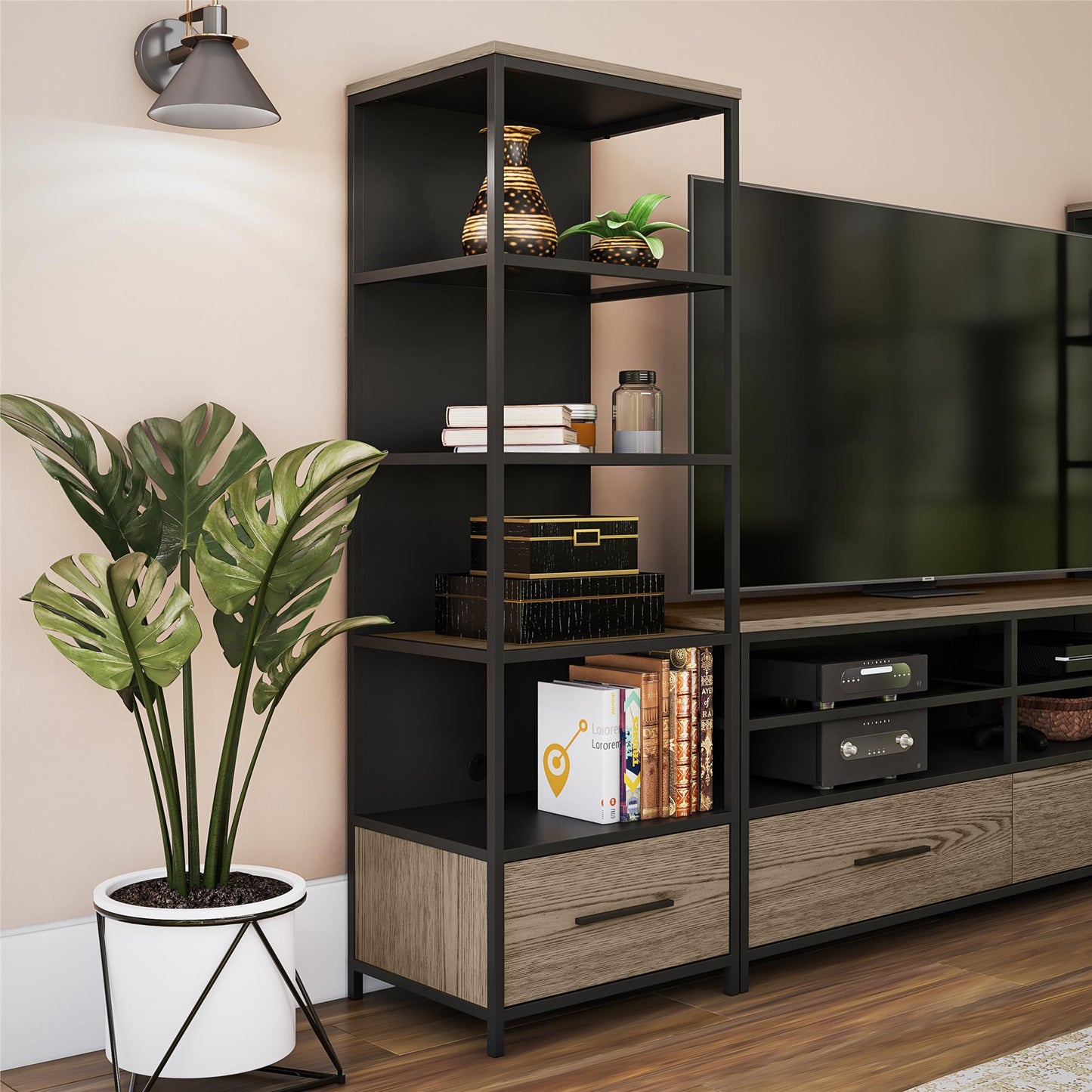 Structure Mixed Media Audio Pier with 2 Shelves and 1 Drawer - Sterling Oak Veneer