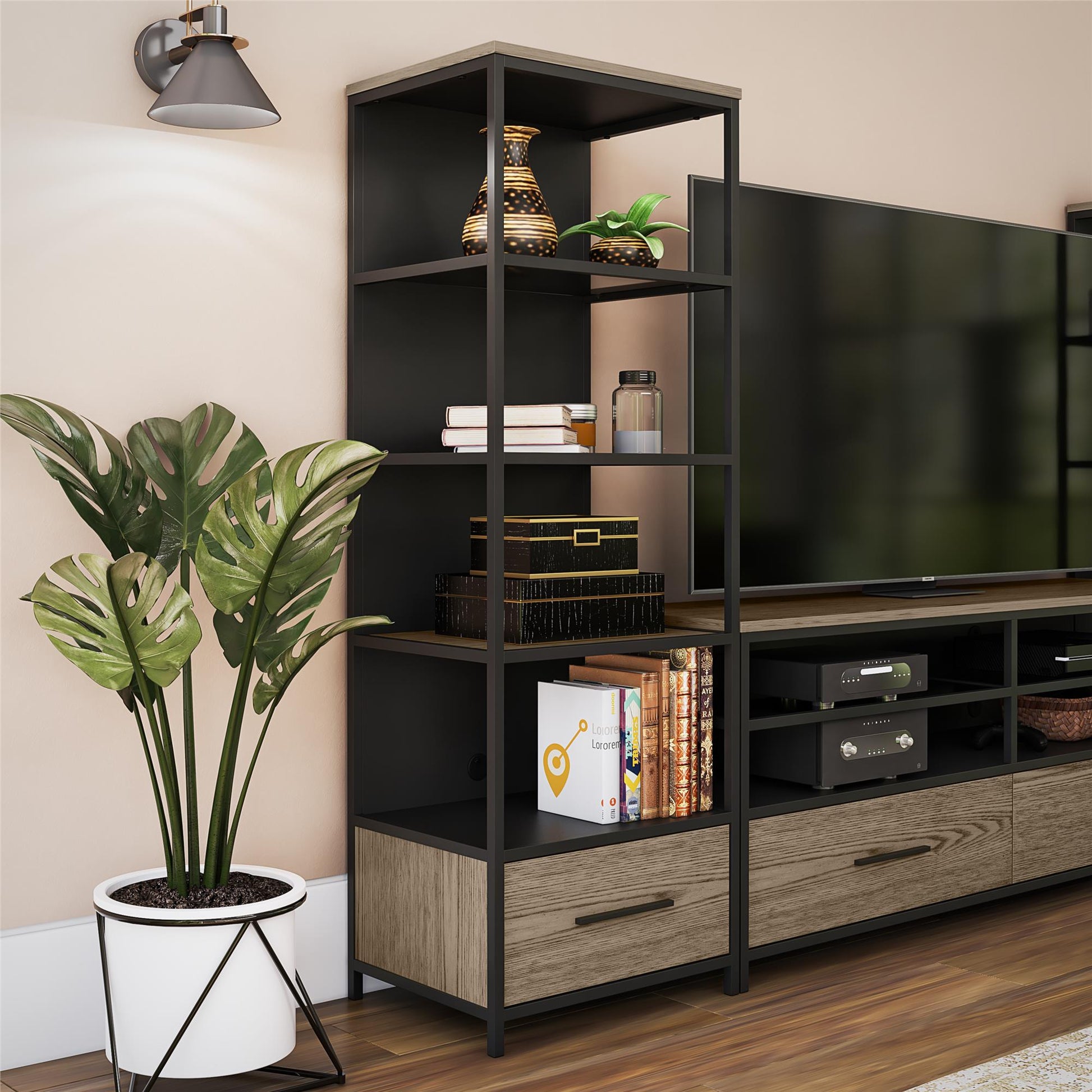 Structure Mixed Media Audio Pier with 2 Shelves and 1 Drawer - Sterling Oak Veneer