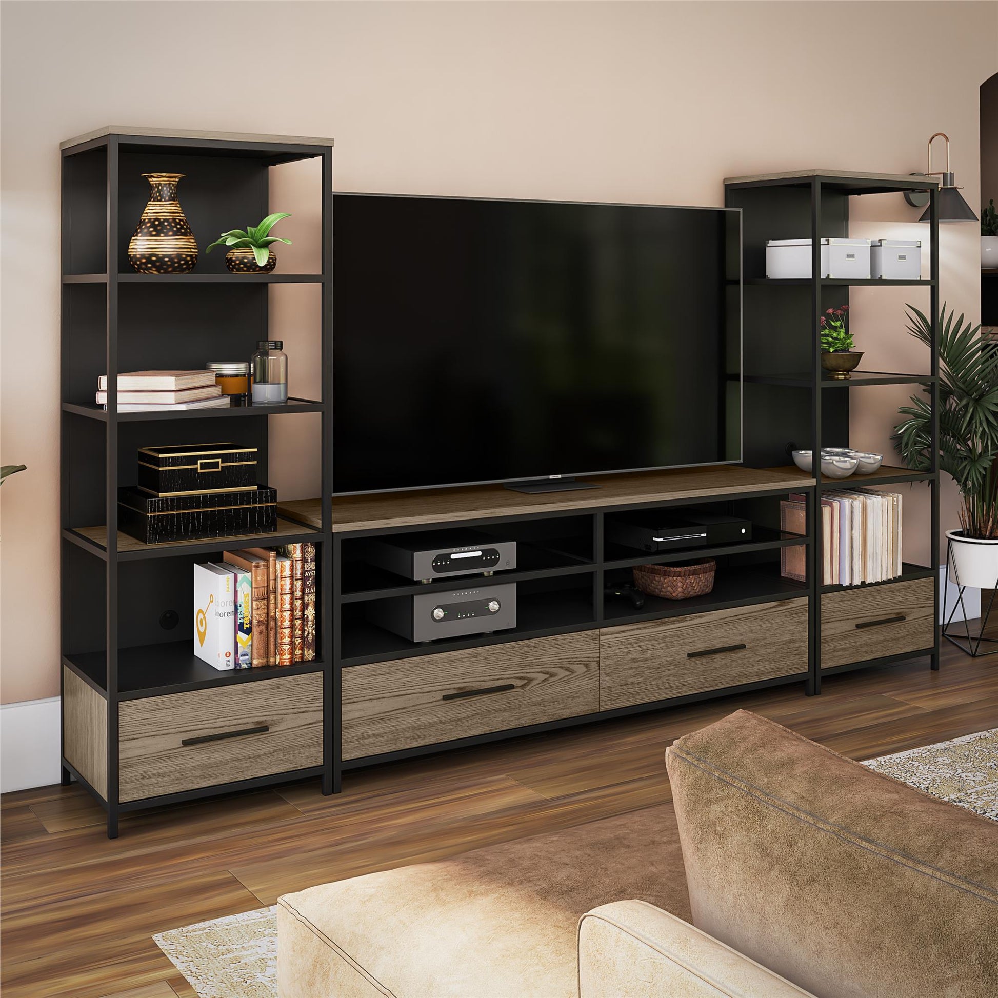 Structure Mixed Media Audio Pier with 2 Shelves and 1 Drawer - Sterling Oak Veneer