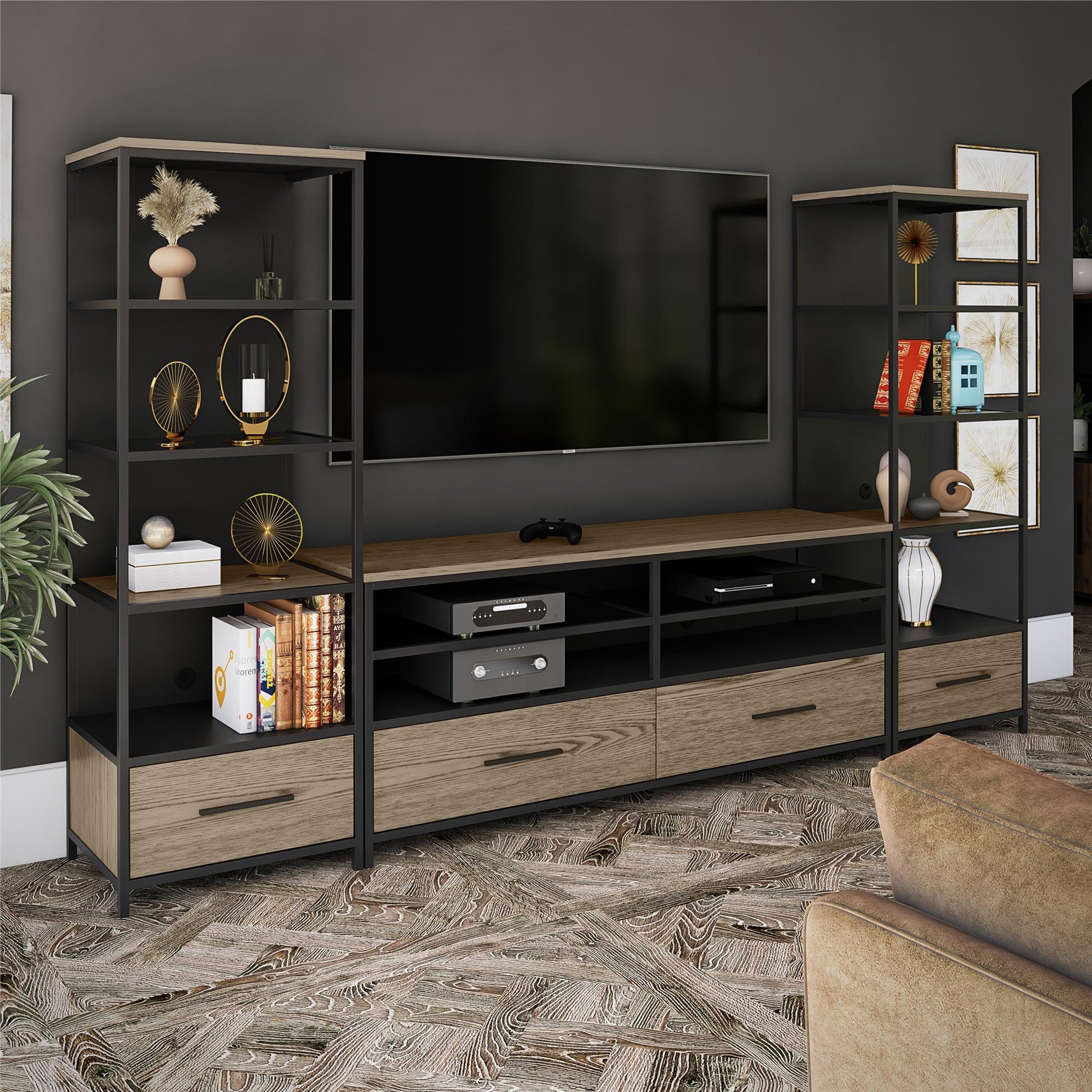 Structure Mixed Media Audio Pier with 2 Shelves and 1 Drawer - Sterling Oak Veneer