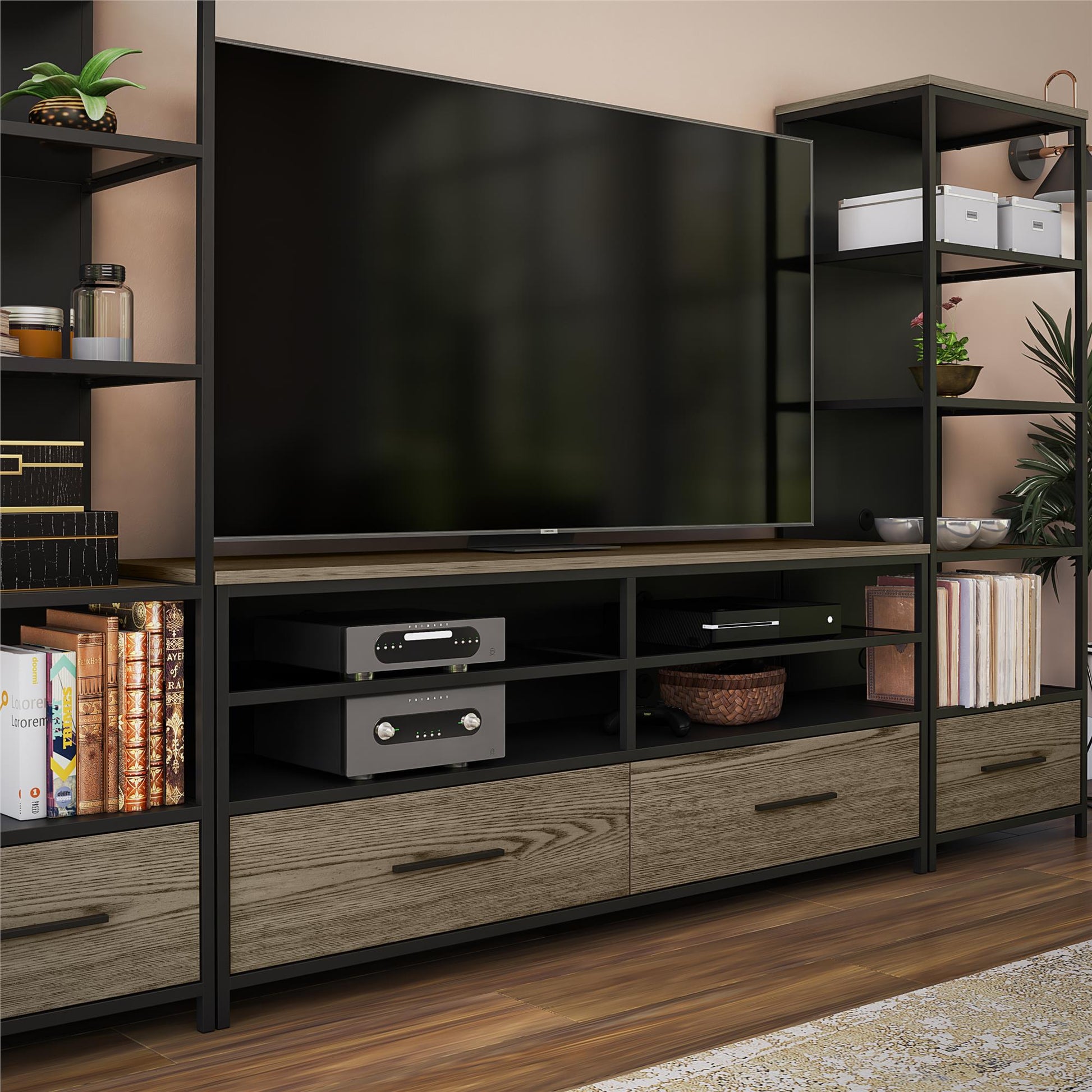 Structure Mixed Media TV Stand with 4 Shelves and 2 Drawers for TVs up to 60 Inches - Sterling Oak Veneer