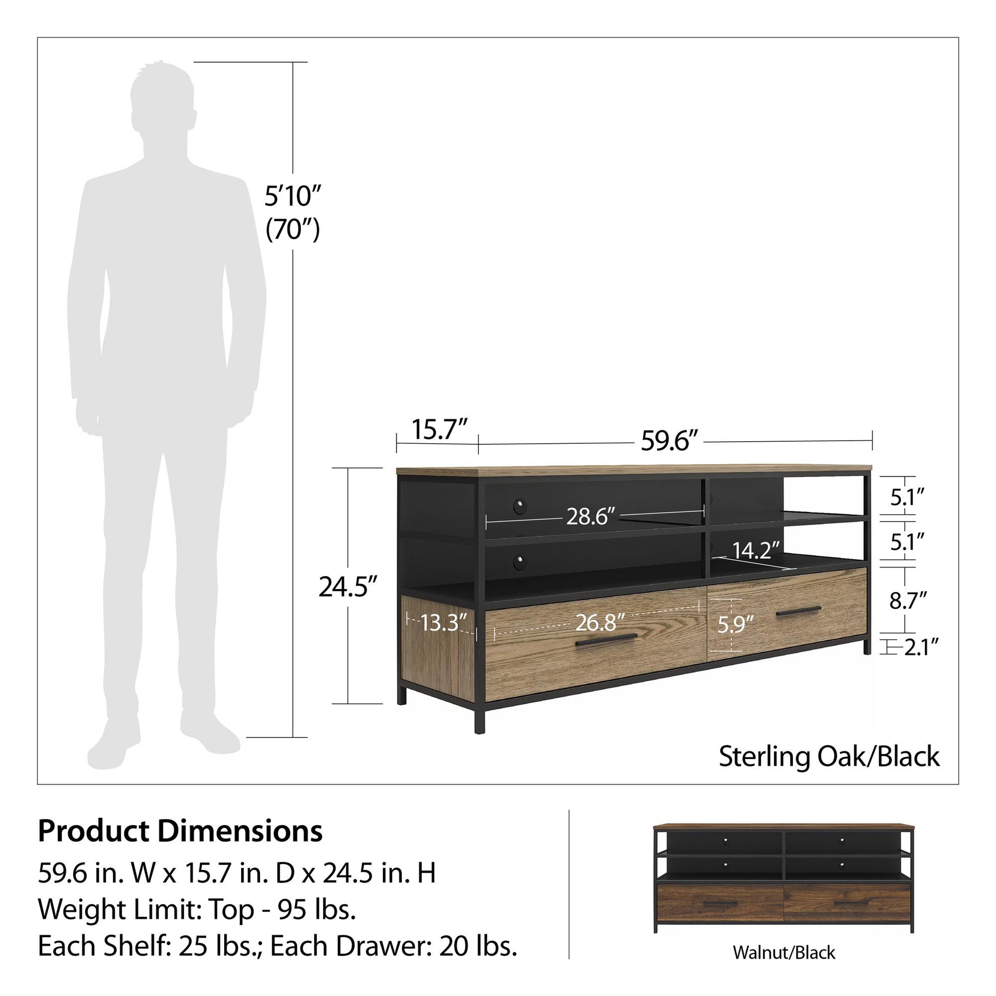 Structure Mixed Media TV Stand with 4 Shelves and 2 Drawers for TVs up to 60 Inches - Sterling Oak Veneer