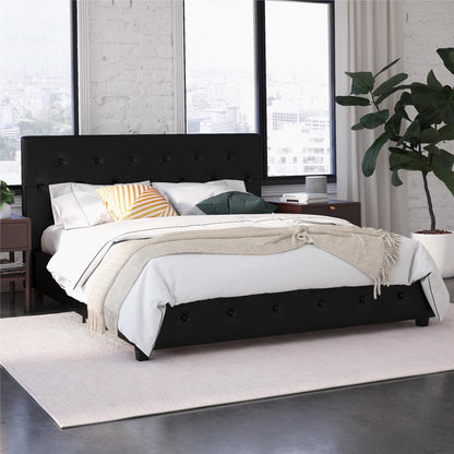 Dakota Upholstered Platform Bed With Diamond Button Tufted Heaboard - Black Faux Leather - Full