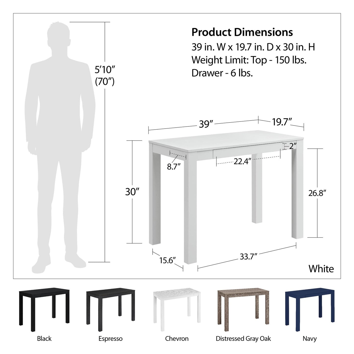Parsons Minimalistic Desk with Drawer - White