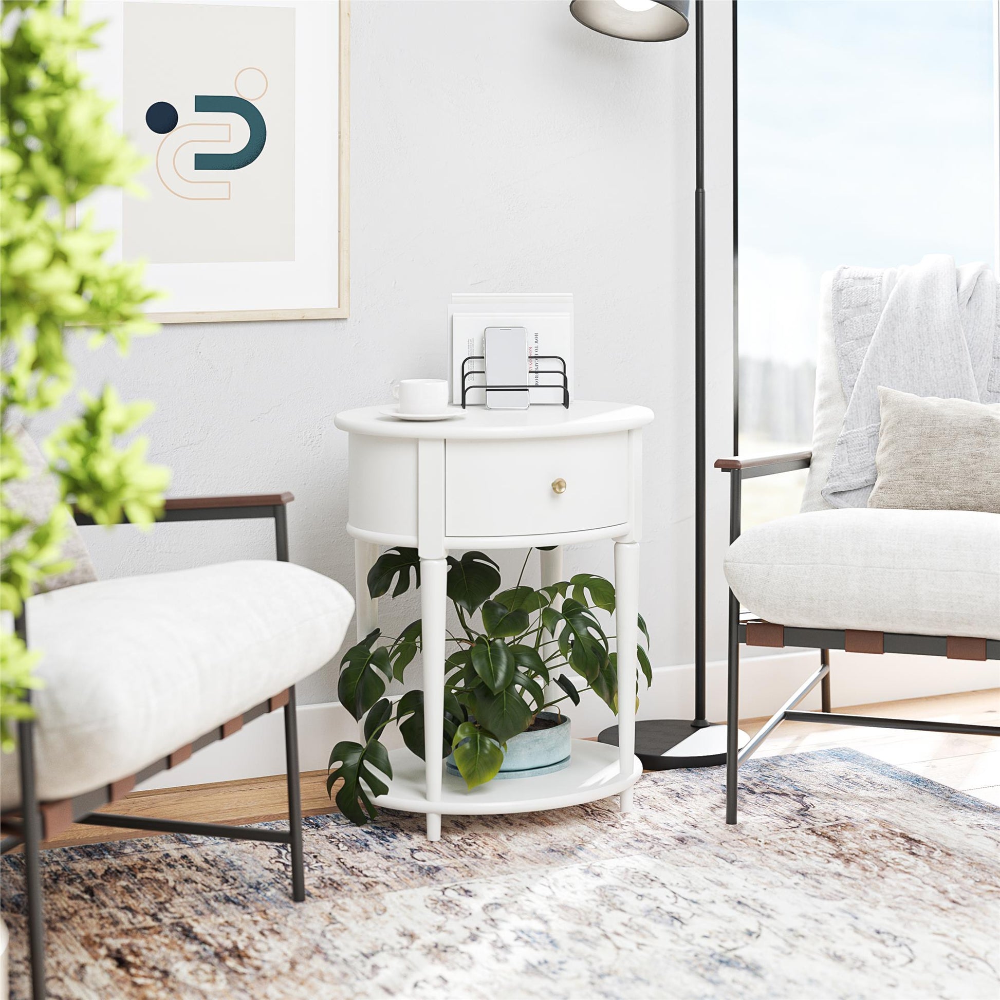 Aurora Rounded End Table with Drawer and Lower Shelf - White