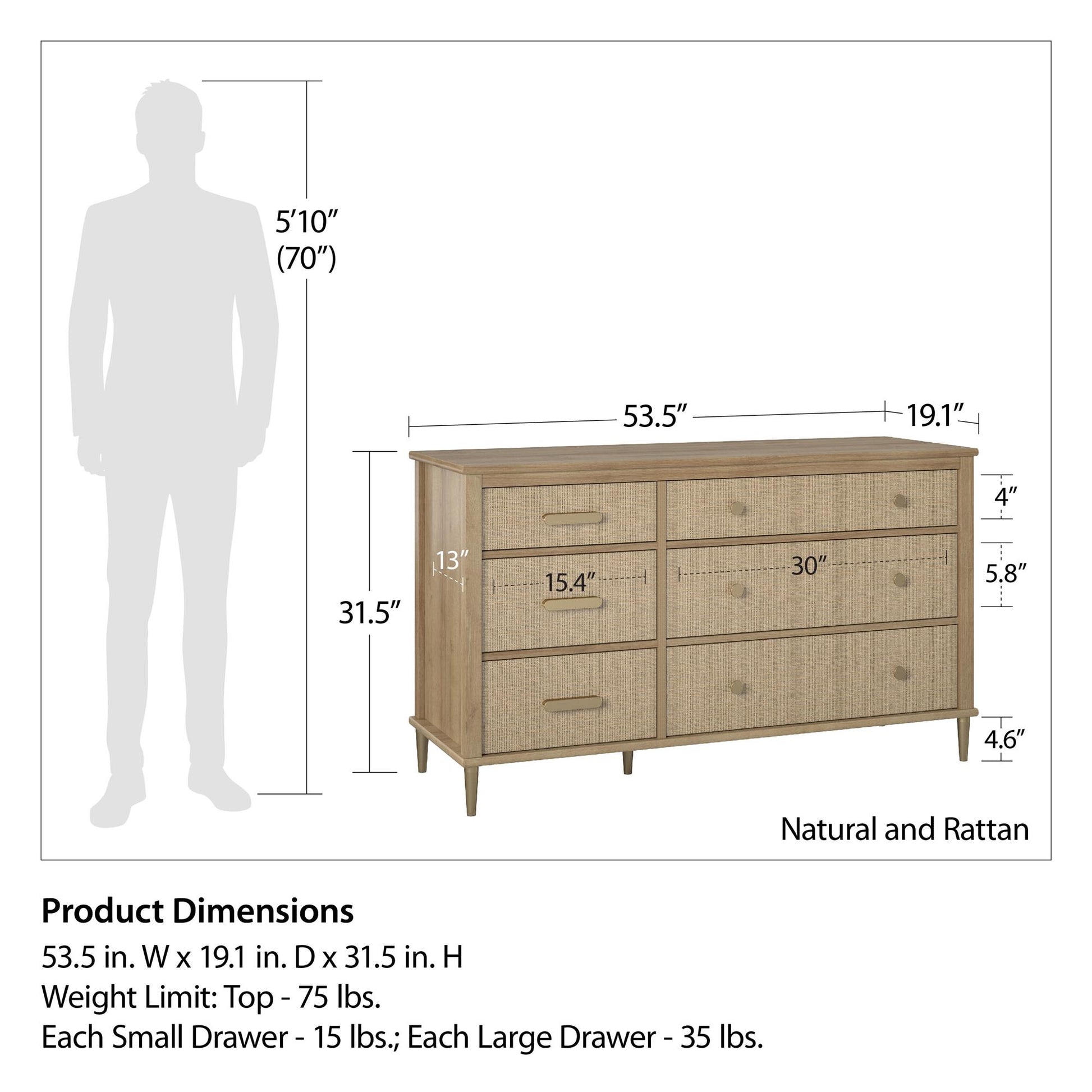 Shiloh Wide Faux Rattan Convertible 6 Drawer Dresser - Natural