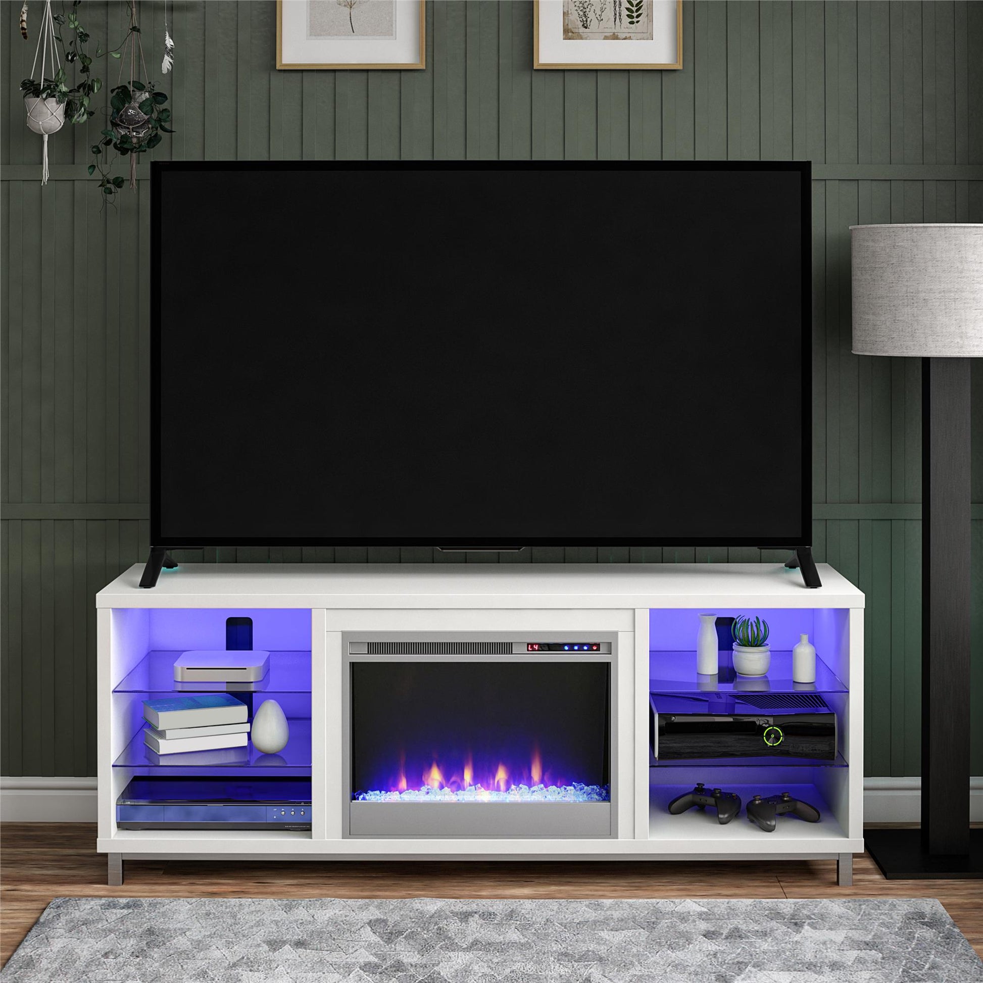 Lumina Fireplace TV Stand for TVs up to 70 Inch with 7 Color LED Lights - White - 66”-70”