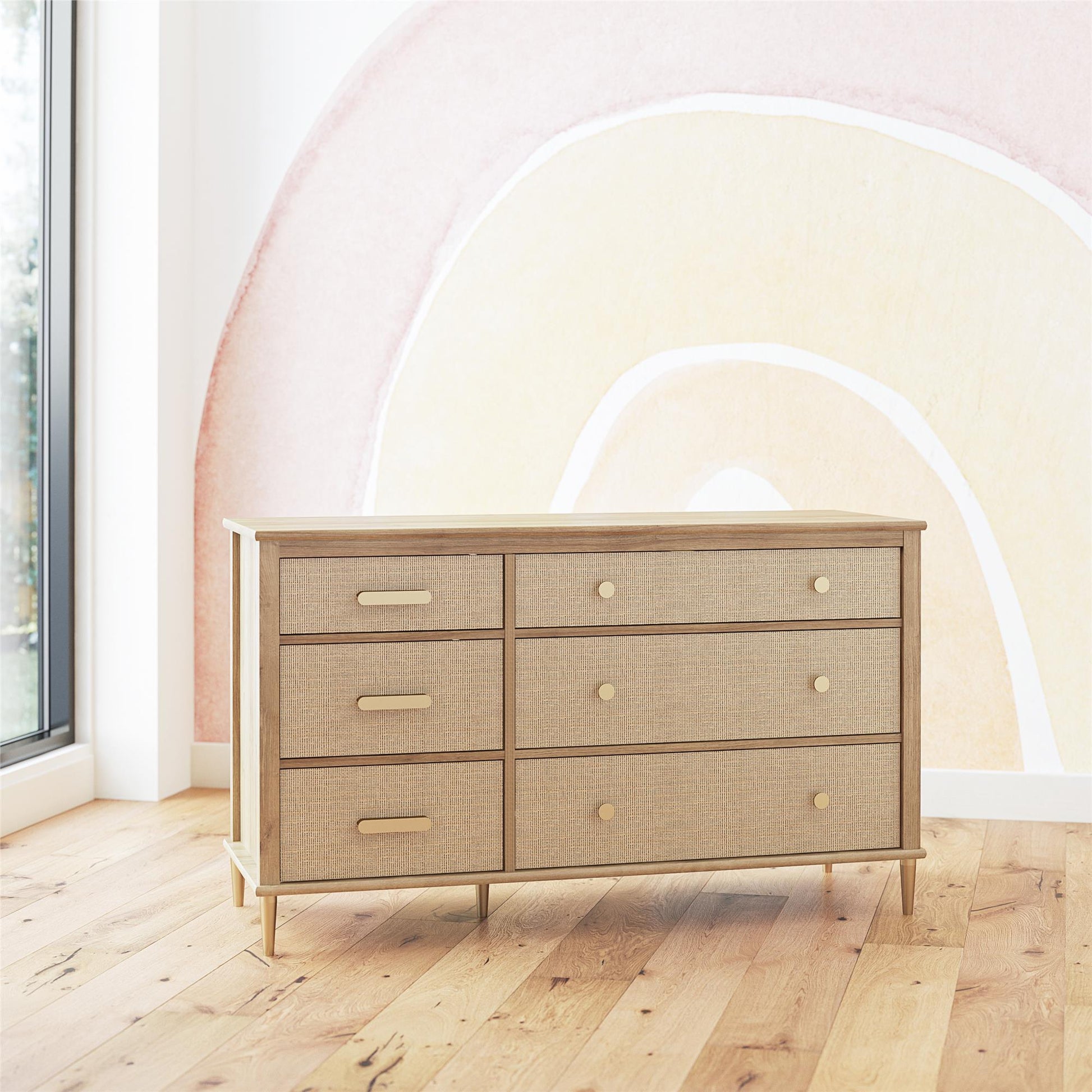 Shiloh Wide Faux Rattan Convertible 6 Drawer Dresser - Natural
