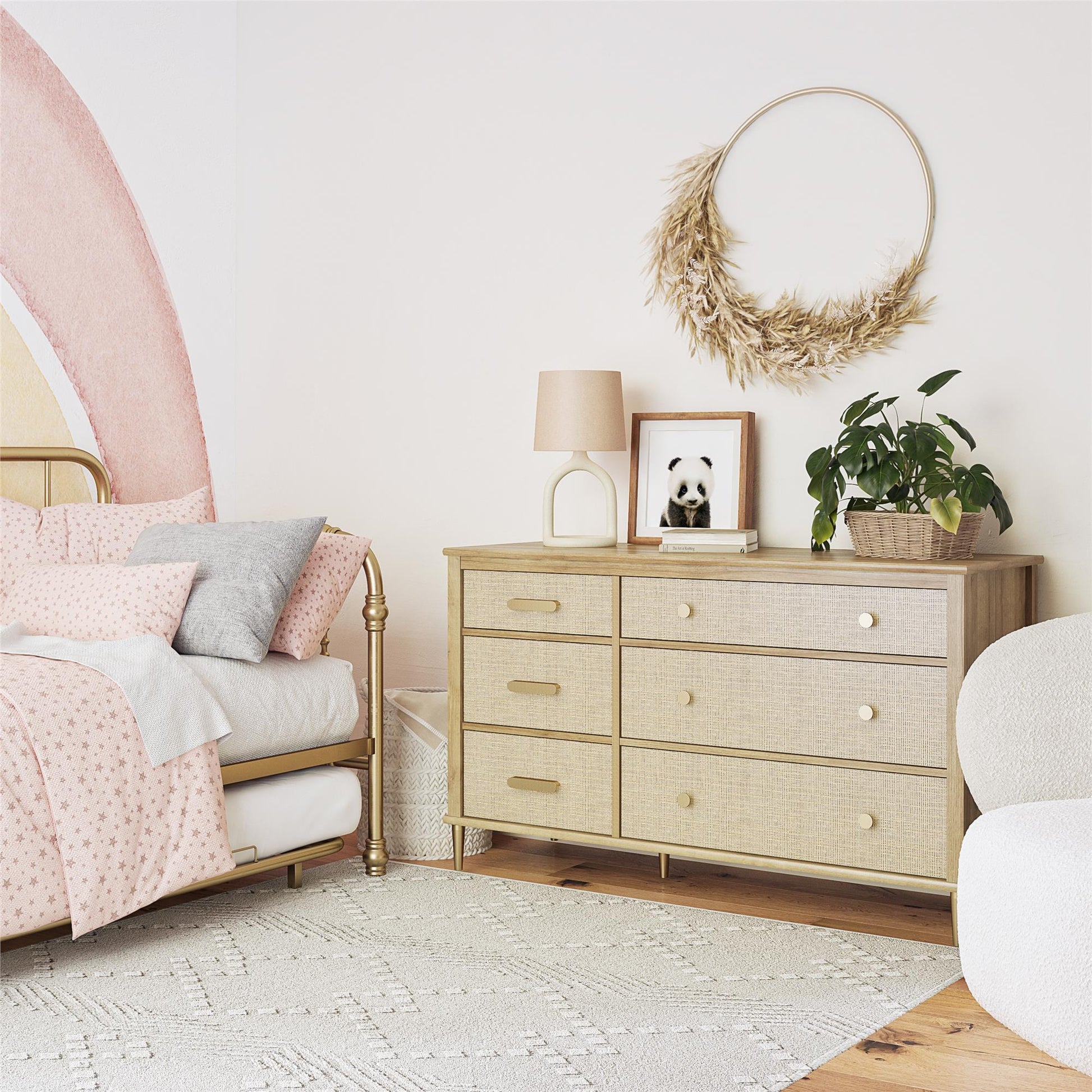Shiloh Wide Faux Rattan Convertible 6 Drawer Dresser - Natural