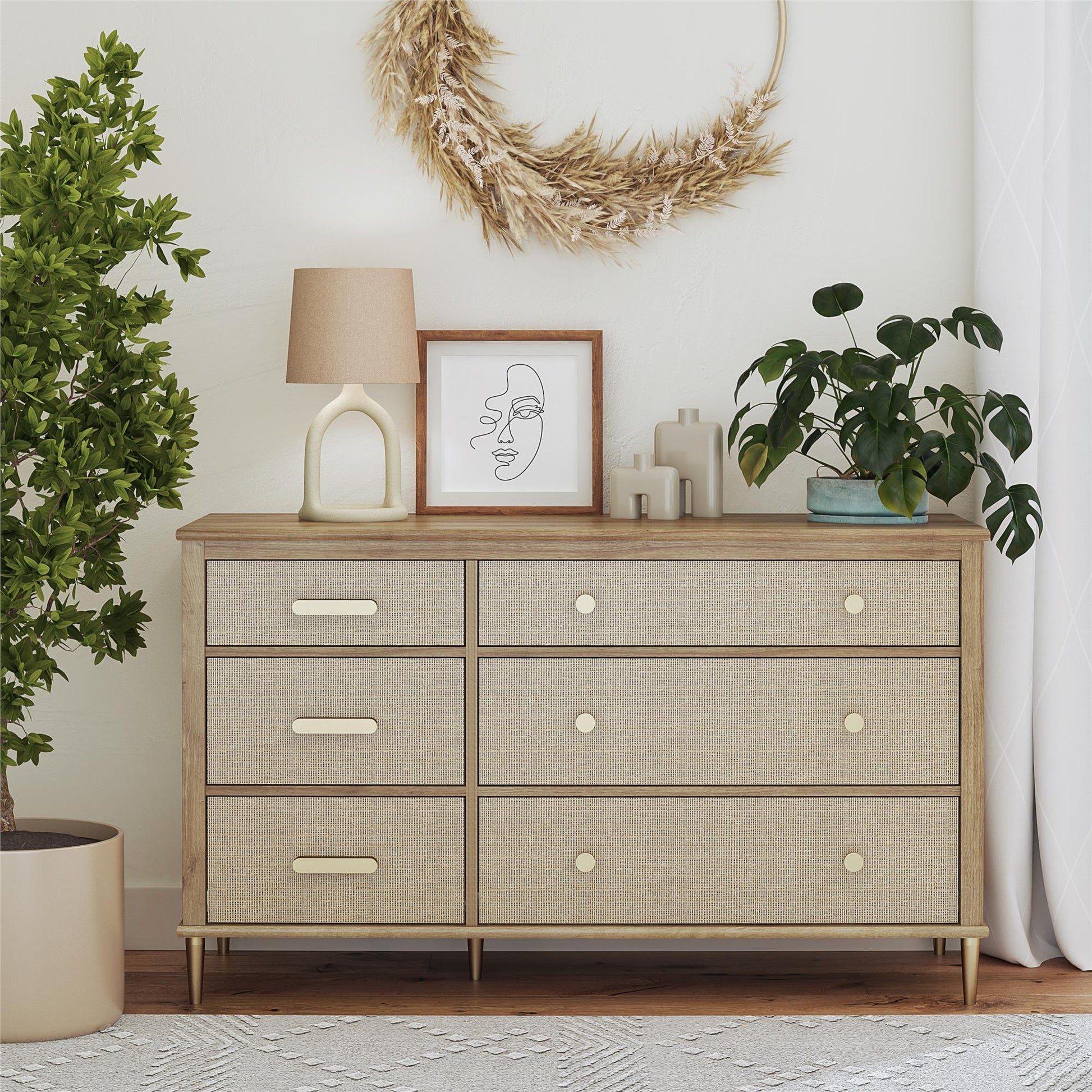 Shiloh Wide Faux Rattan Convertible 6 Drawer Dresser - Natural