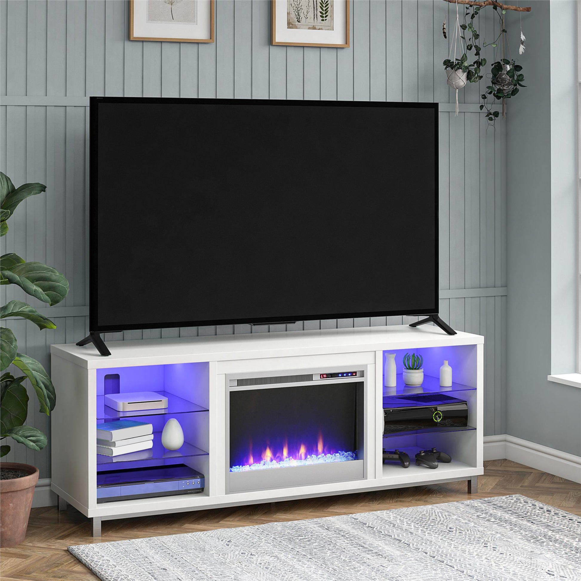Lumina Fireplace TV Stand for TVs up to 70 Inch with 7 Color LED Lights - White - 66”-70”