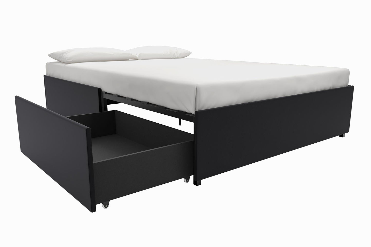 Maven Platform Bed with 2 Rollout Drawers for Storage - Black Faux Leather - Queen