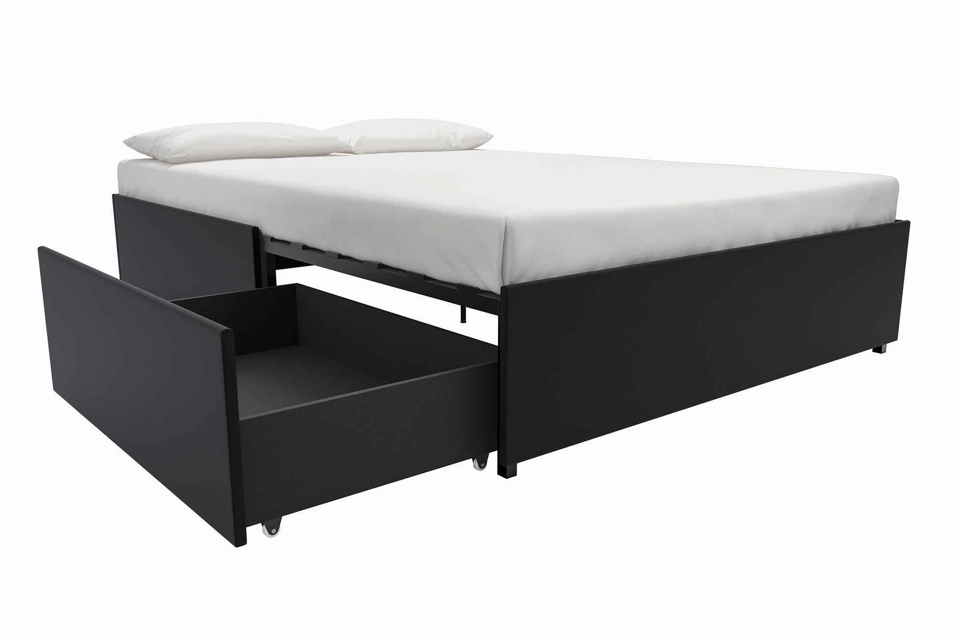 Maven Platform Bed with 2 Rollout Drawers for Storage - Black Faux Leather - Queen