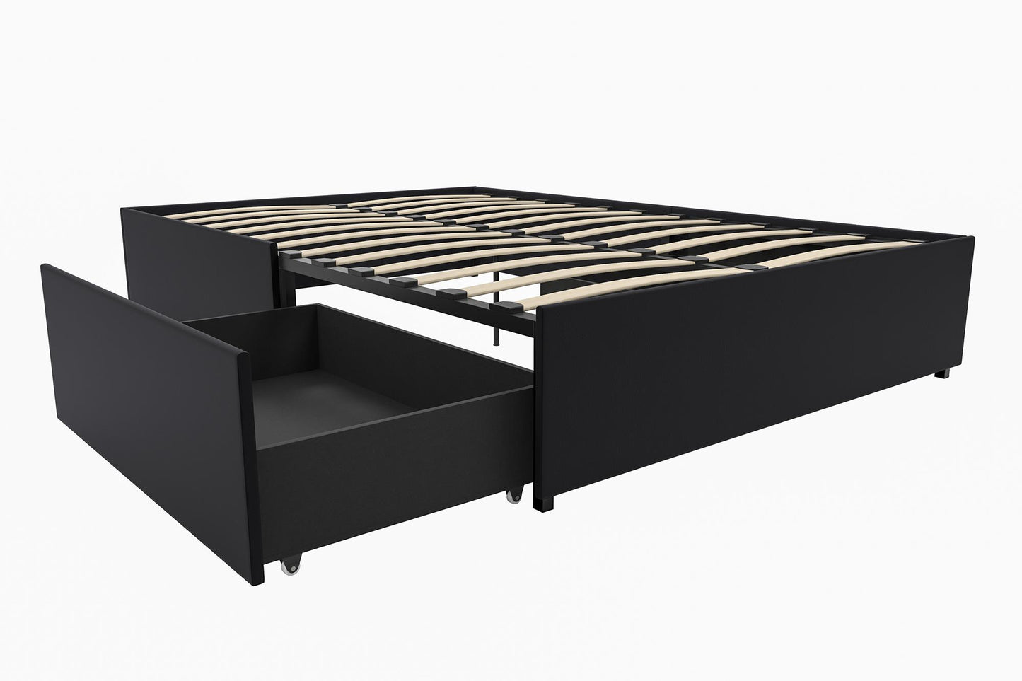 Maven Platform Bed with 2 Rollout Drawers for Storage - Black Faux Leather - Queen