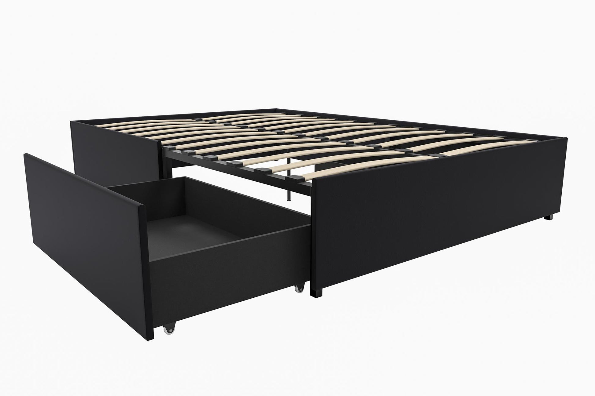 Maven Platform Bed with 2 Rollout Drawers for Storage - Black Faux Leather - Queen