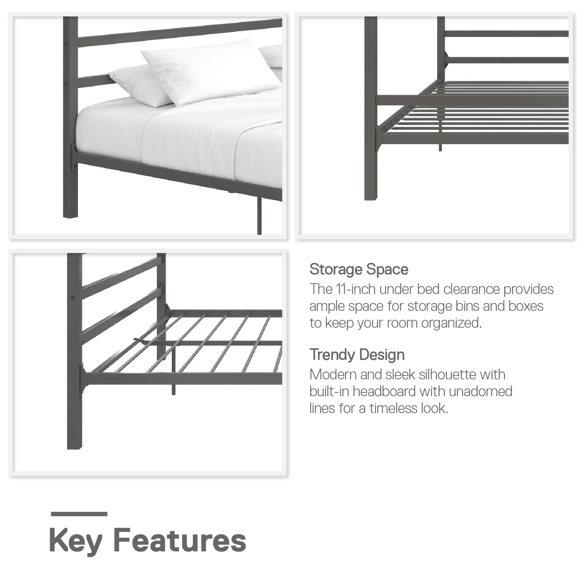 Modern Metal Canopy Bed with Sleek Built-In Headboard - Gray - King