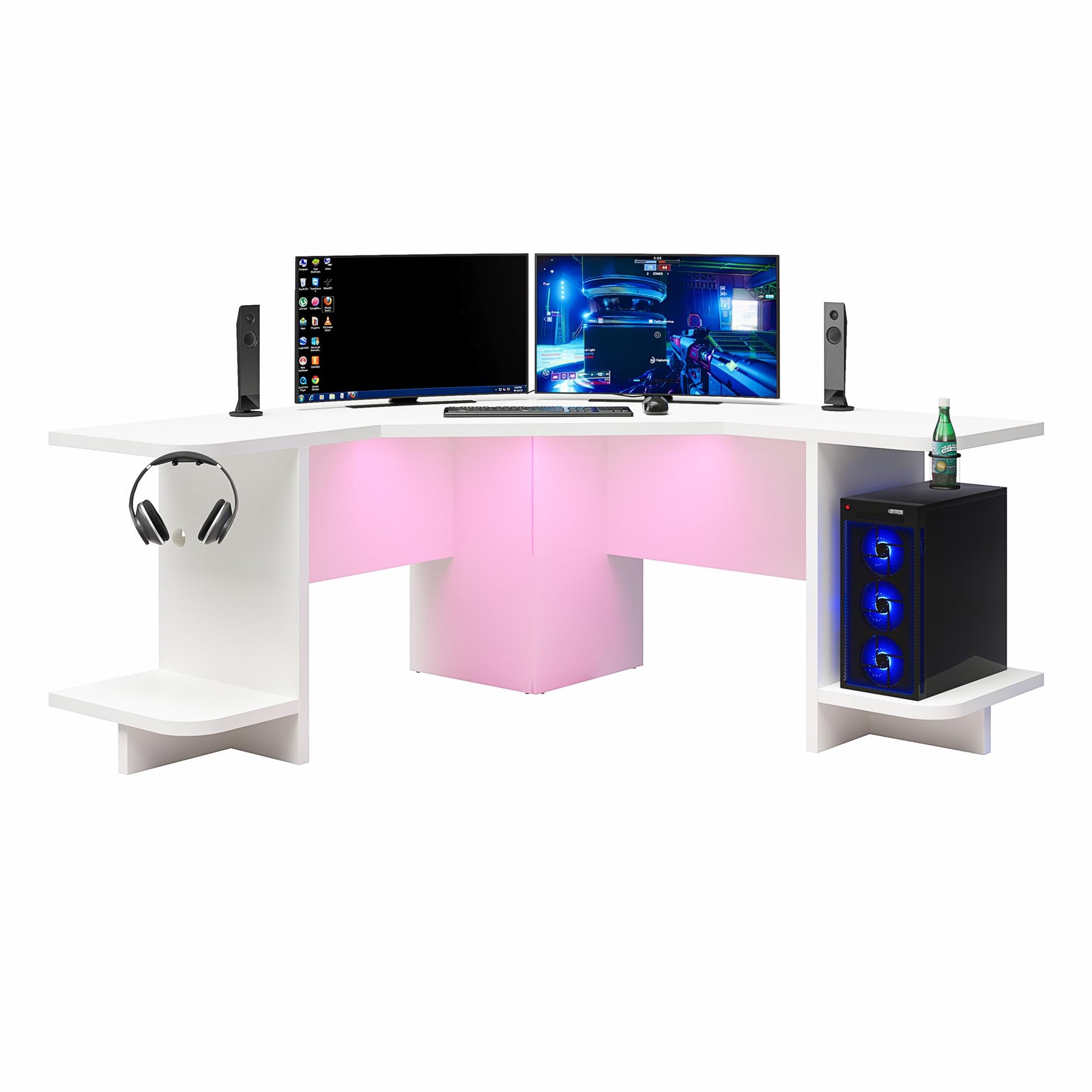 Mod Corner Gaming Desk with LED Light Kit, White - White