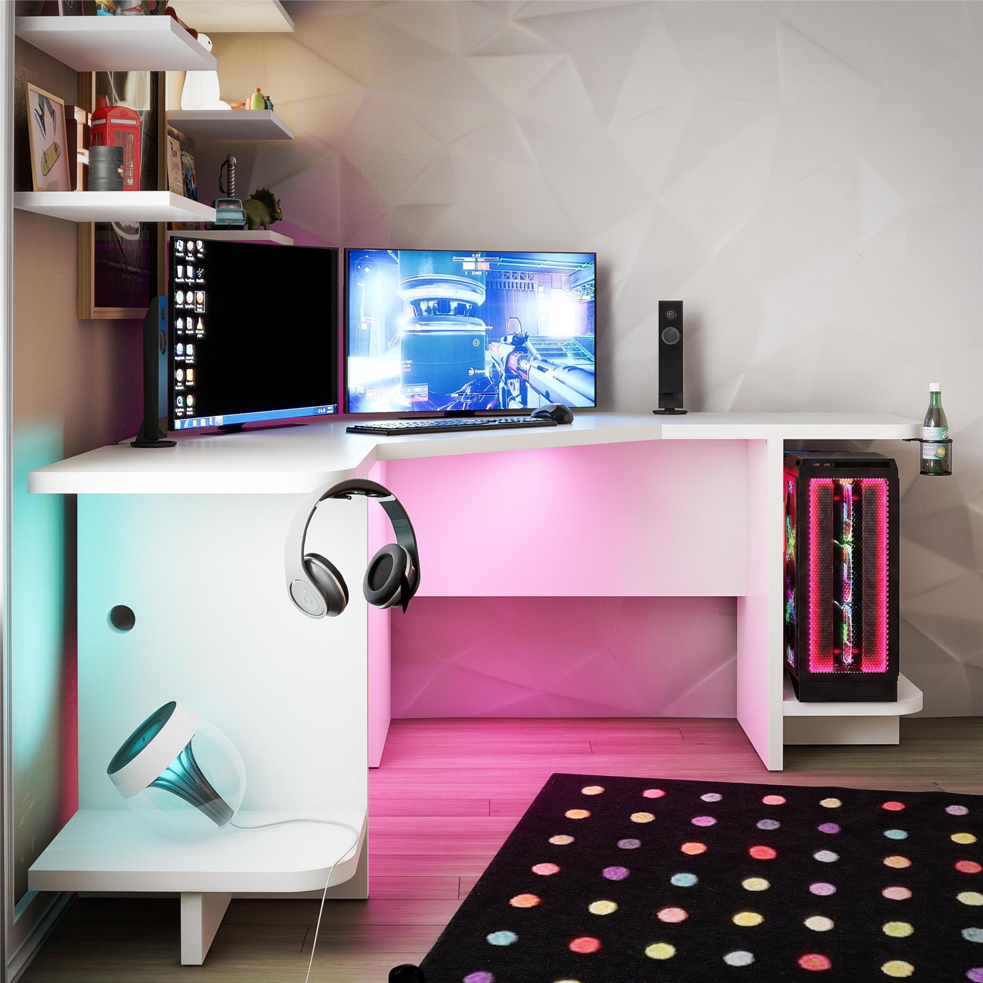 Mod Corner Gaming Desk with LED Light Kit, White - White