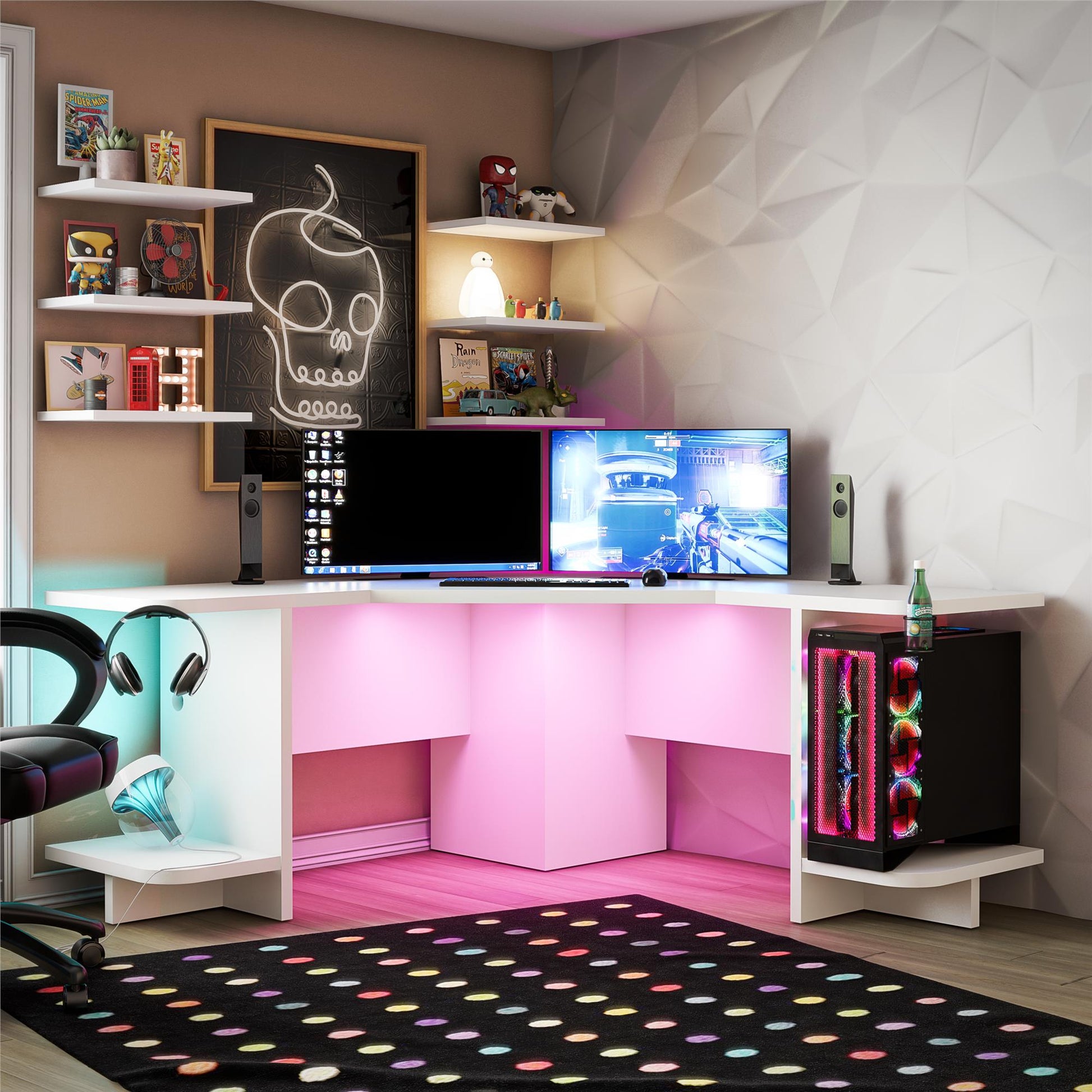 Mod Corner Gaming Desk with LED Light Kit, White - White