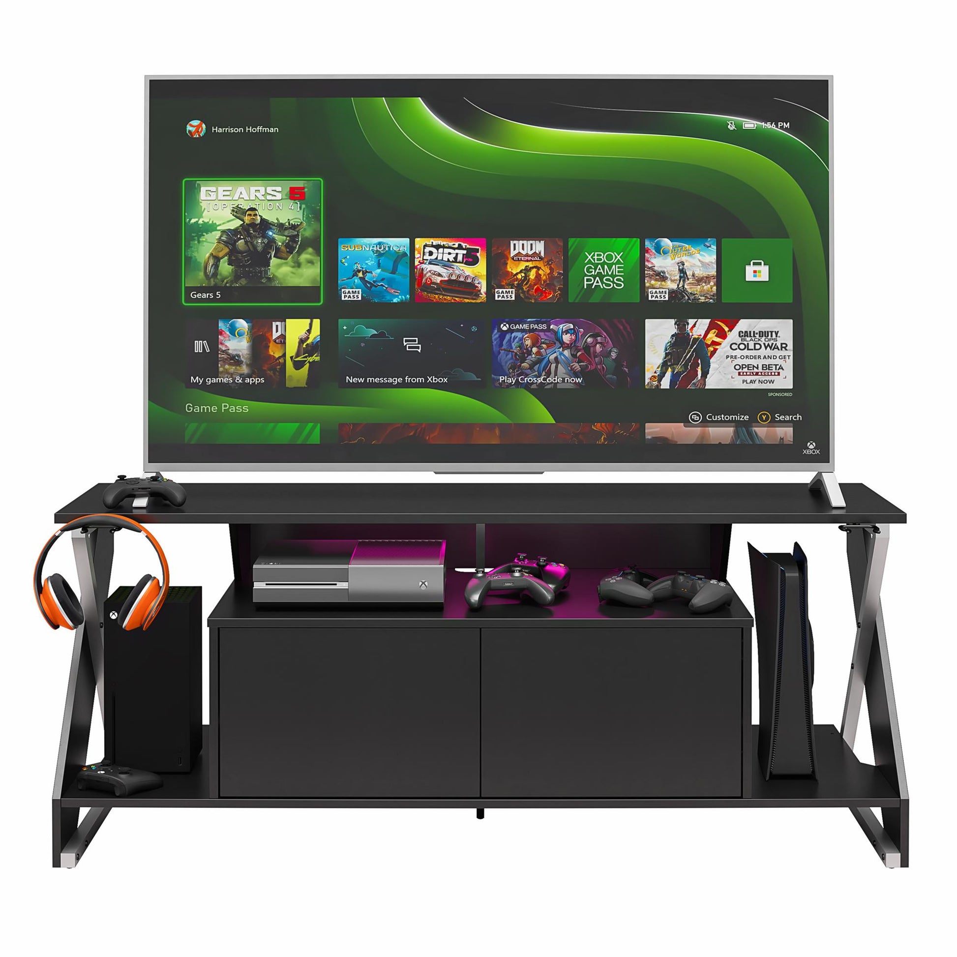 Xtreme Gaming Console & TV Stand with LED Light Kit for TVs up to 65" , Black - Black