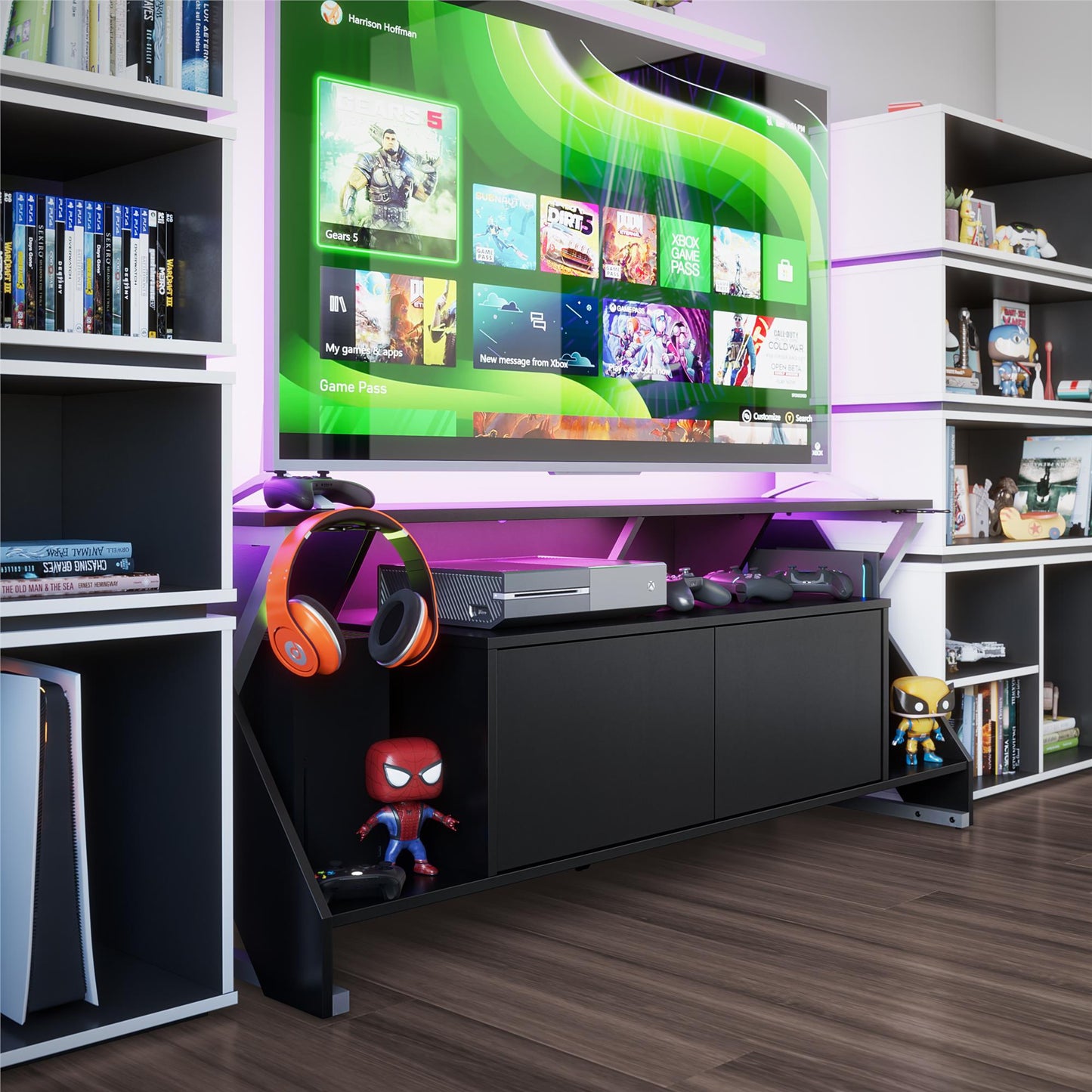 Xtreme Gaming Console & TV Stand with LED Light Kit for TVs up to 65" , Black - Black