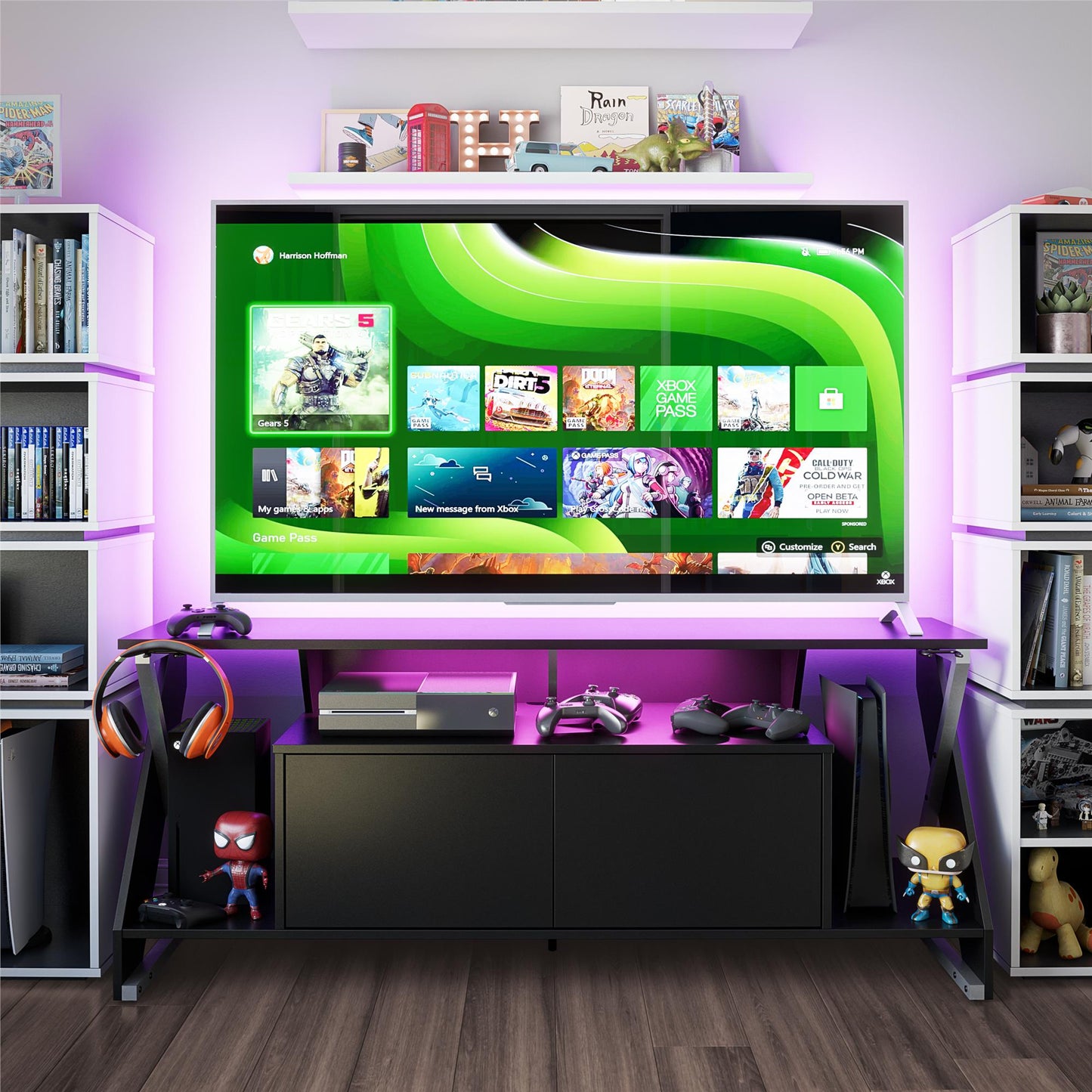 Xtreme Gaming Console & TV Stand with LED Light Kit for TVs up to 65" , Black - Black