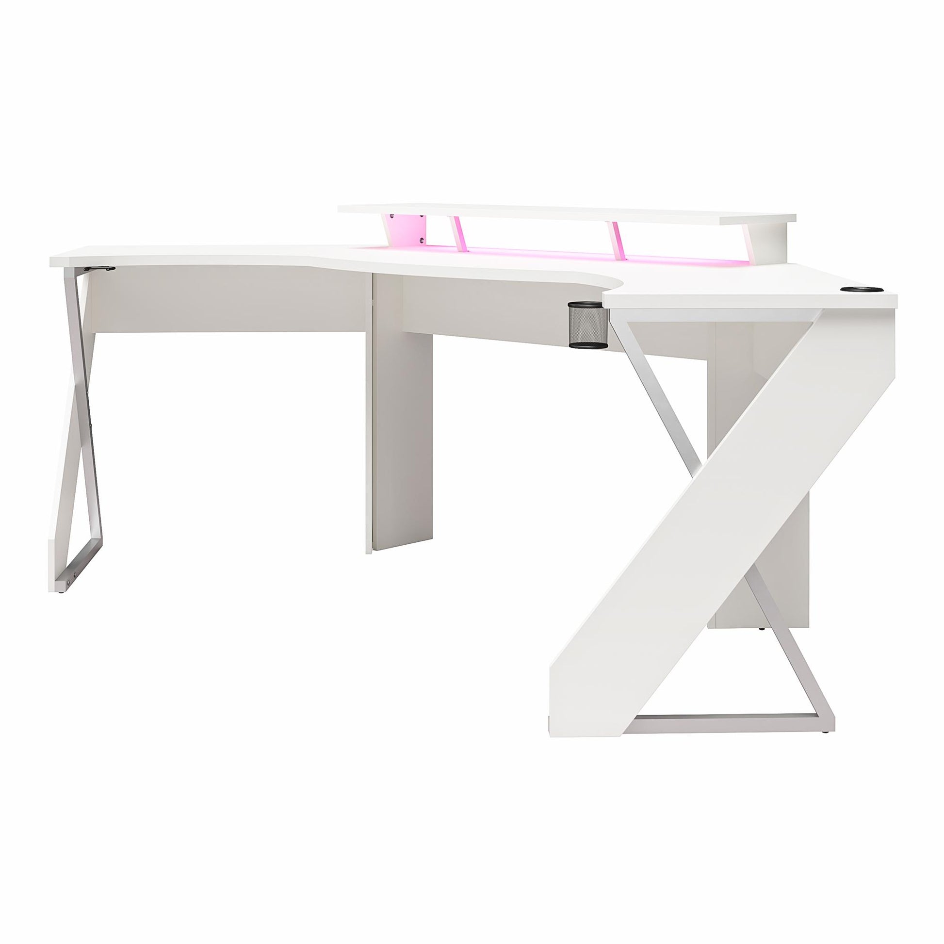 Xtreme Gaming Corner Desk with Riser & LED Light Kit, White - White