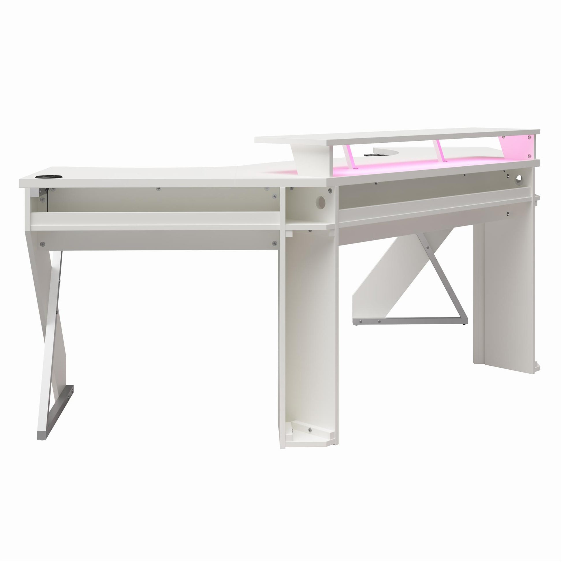 Xtreme Gaming Corner Desk with Riser & LED Light Kit, White - White