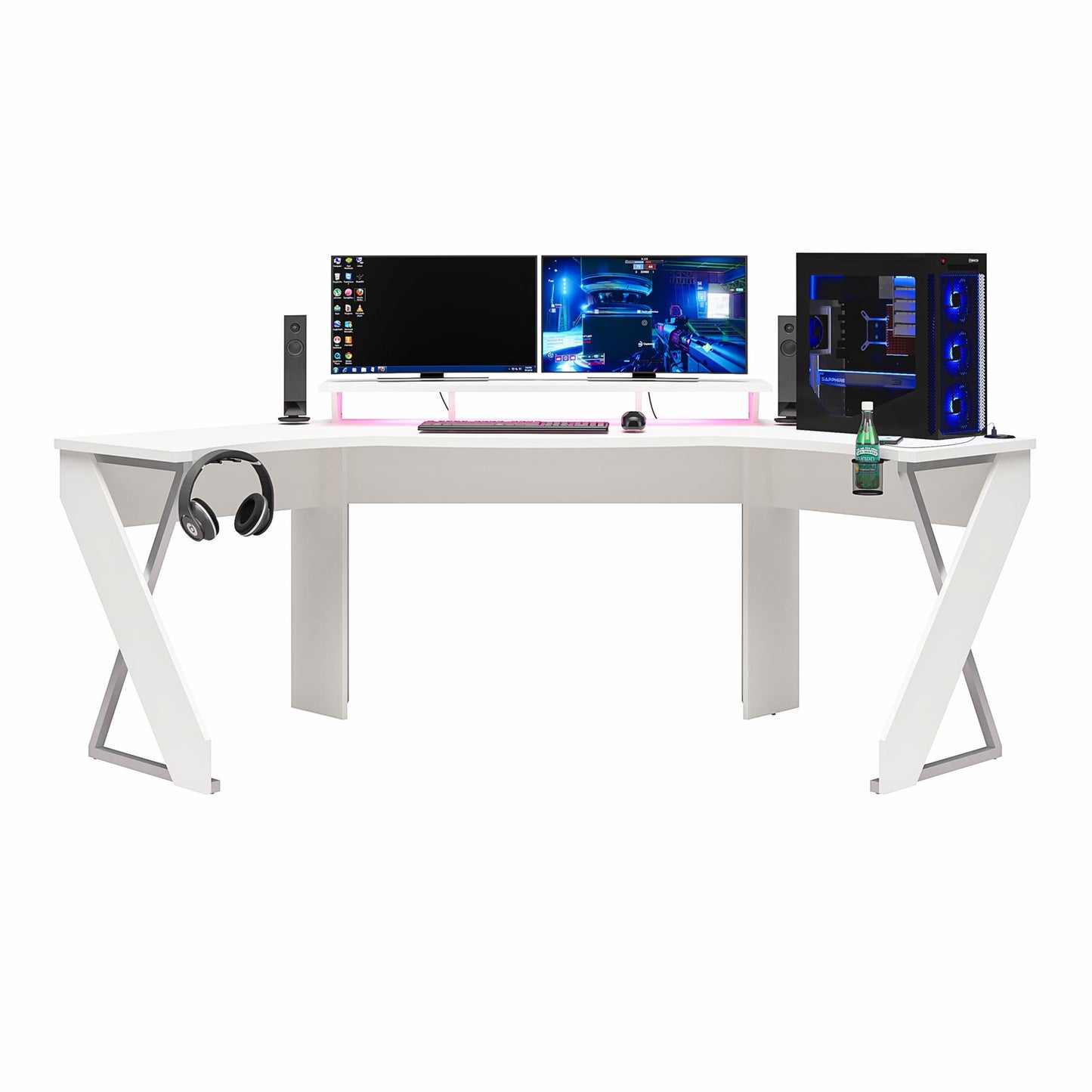 Xtreme Gaming Corner Desk with Riser & LED Light Kit, White - White