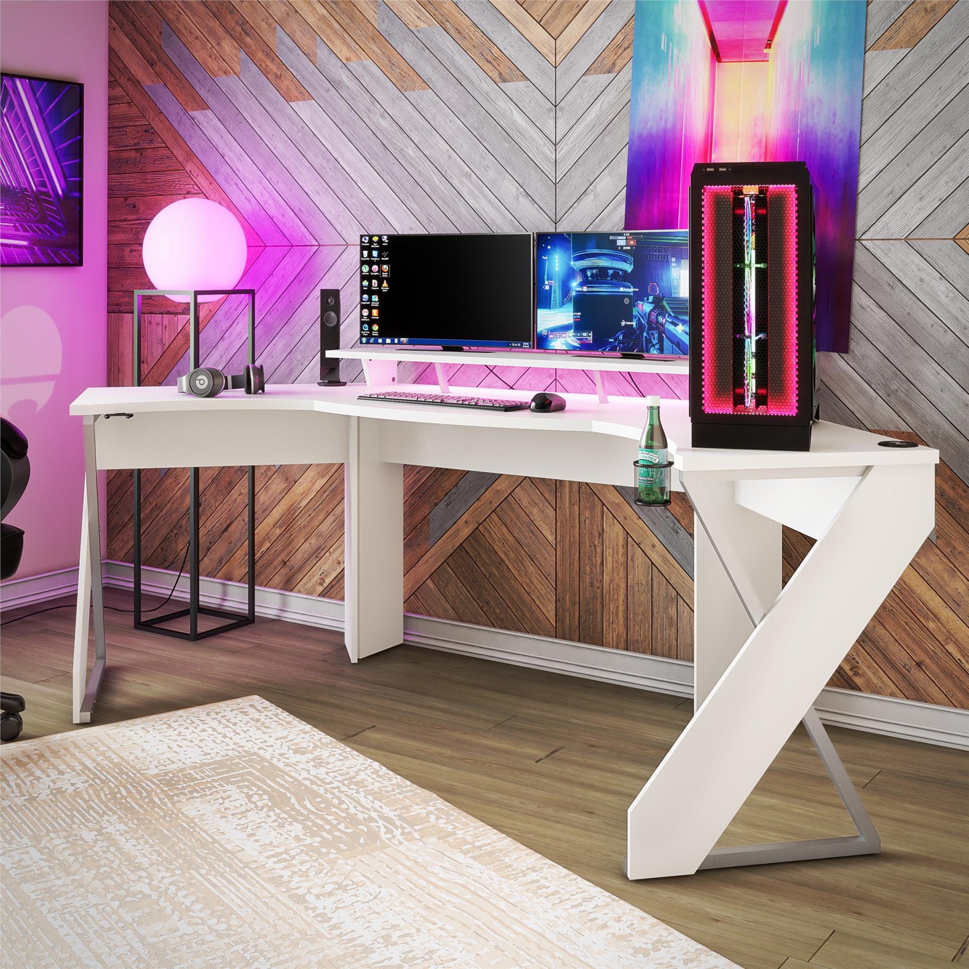 Xtreme Gaming Corner Desk with Riser & LED Light Kit, White - White