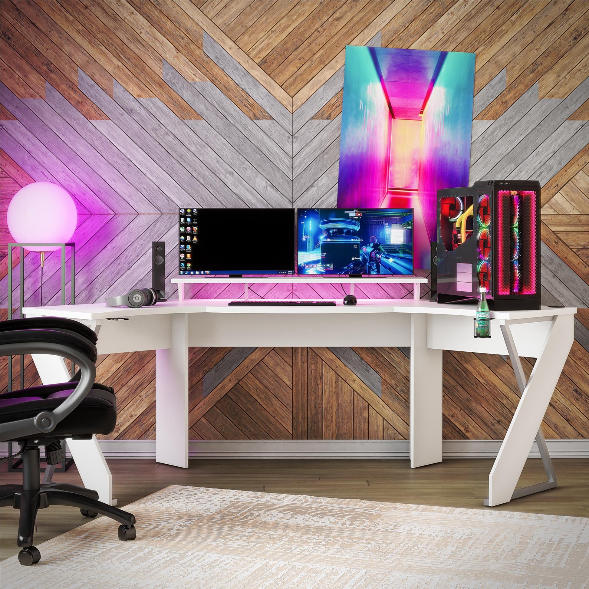 Xtreme Gaming Corner Desk with Riser & LED Light Kit, White - White