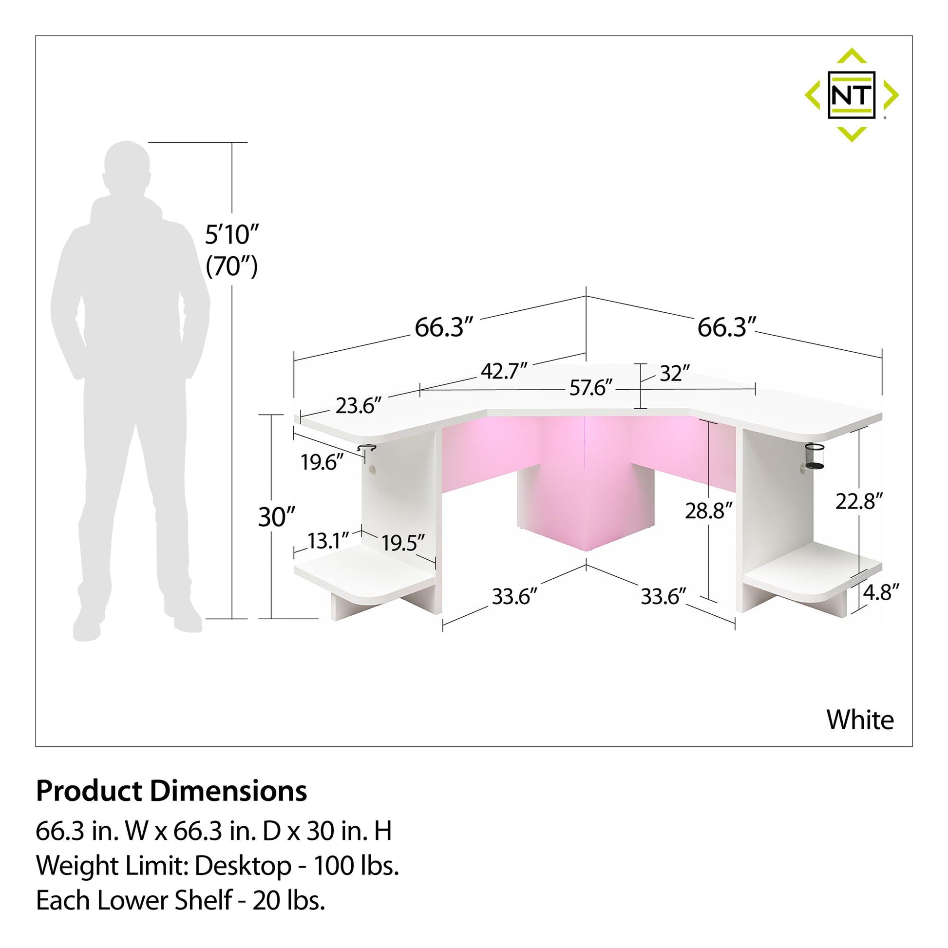 Mod Corner Gaming Desk with LED Light Kit, White - White
