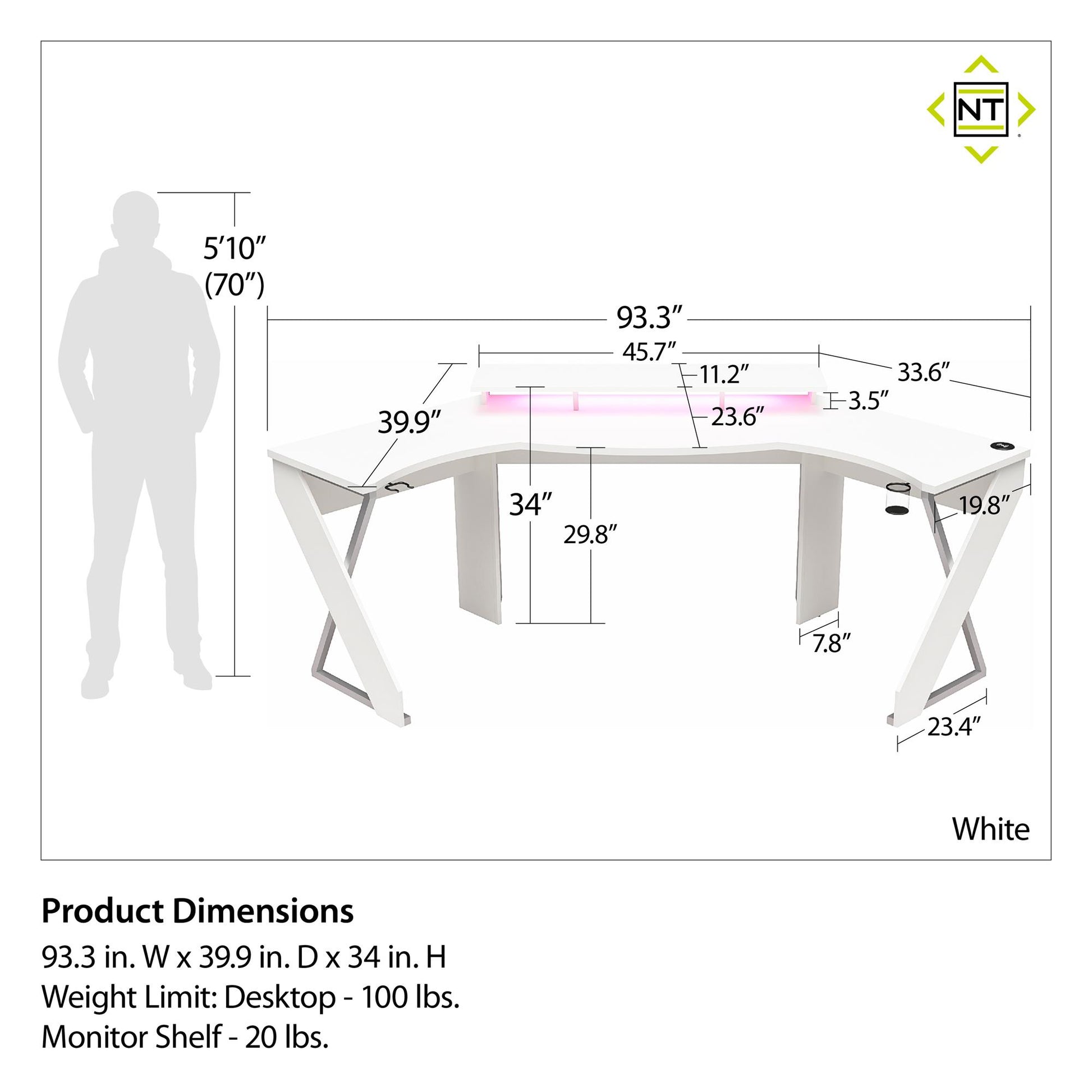 Xtreme Gaming Corner Desk with Riser & LED Light Kit, White - White