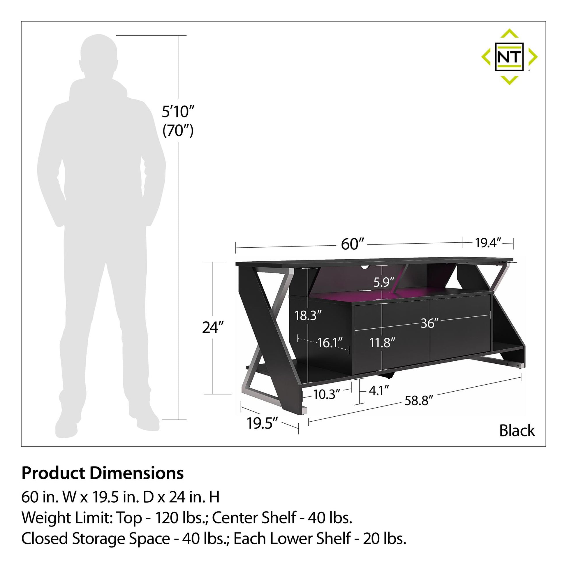 Xtreme Gaming Console & TV Stand with LED Light Kit for TVs up to 65" , Black - Black