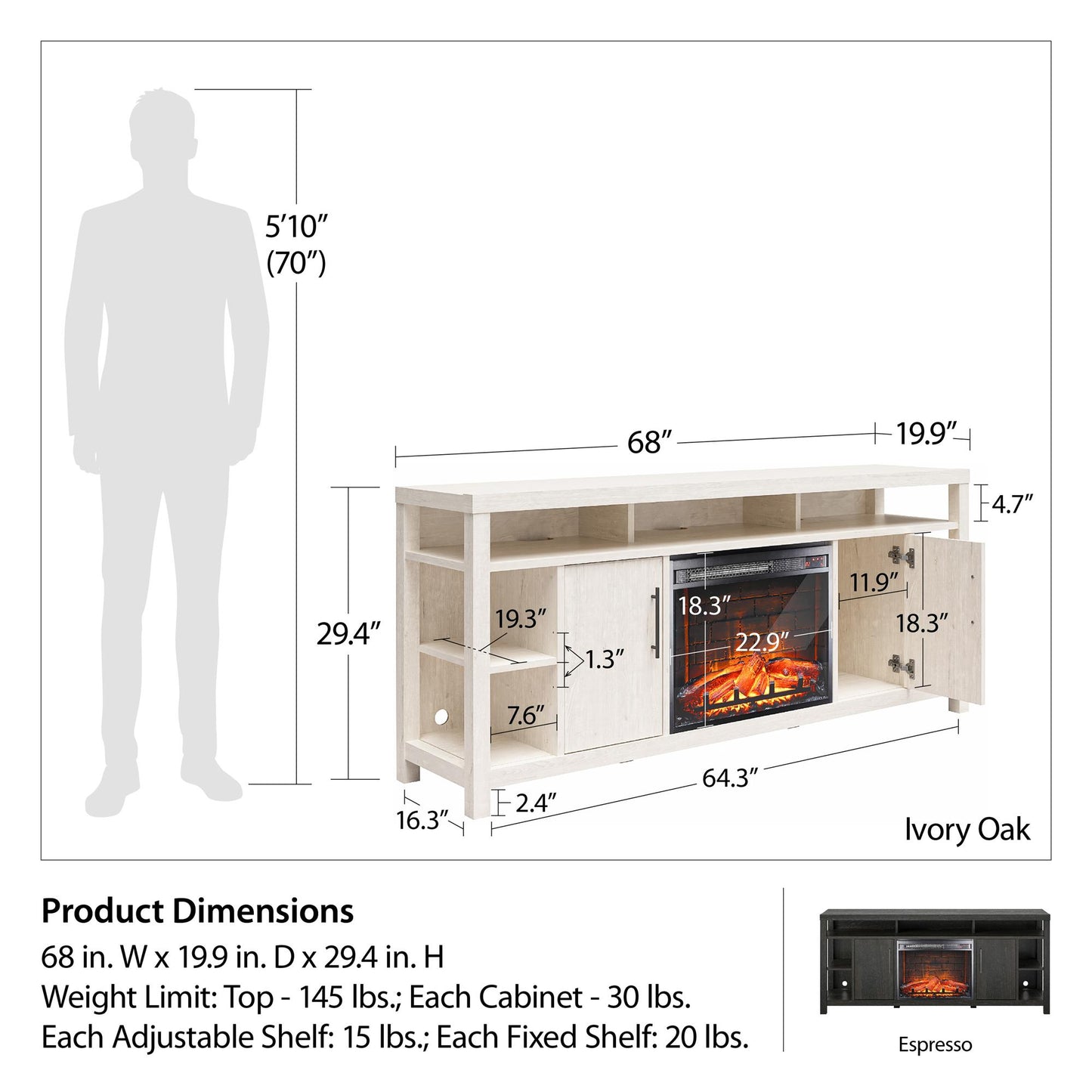 Garrick Electric Fireplace TV Console for TVs up to 75" - Ivory Oak