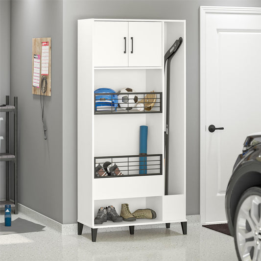 Flex Sports Storage Cabinet with Ball Basket and Tall Equipment Storage - White