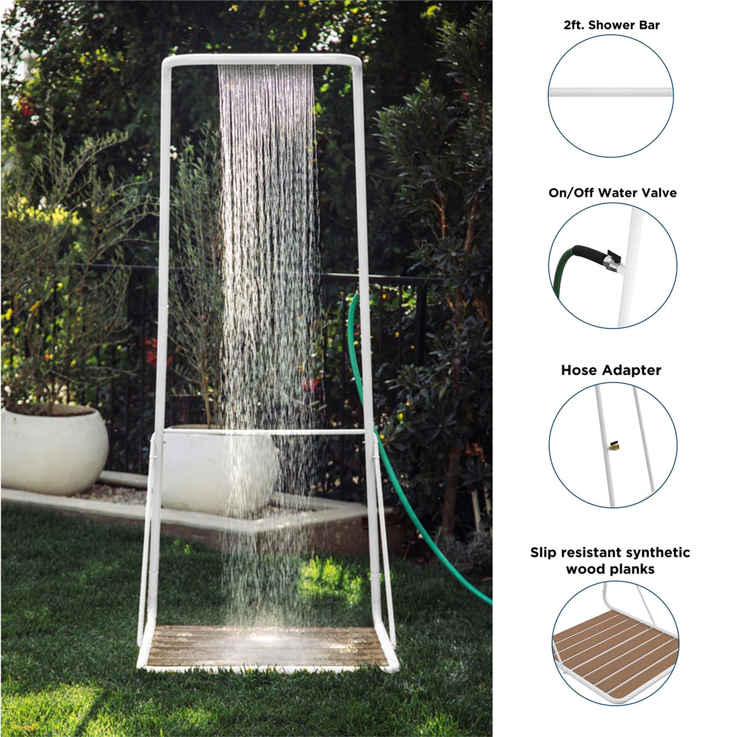 Poolside Gossip Collection Rainey Outdoor Shower with XL Base and Waterfall Bar - White - 1-Pack