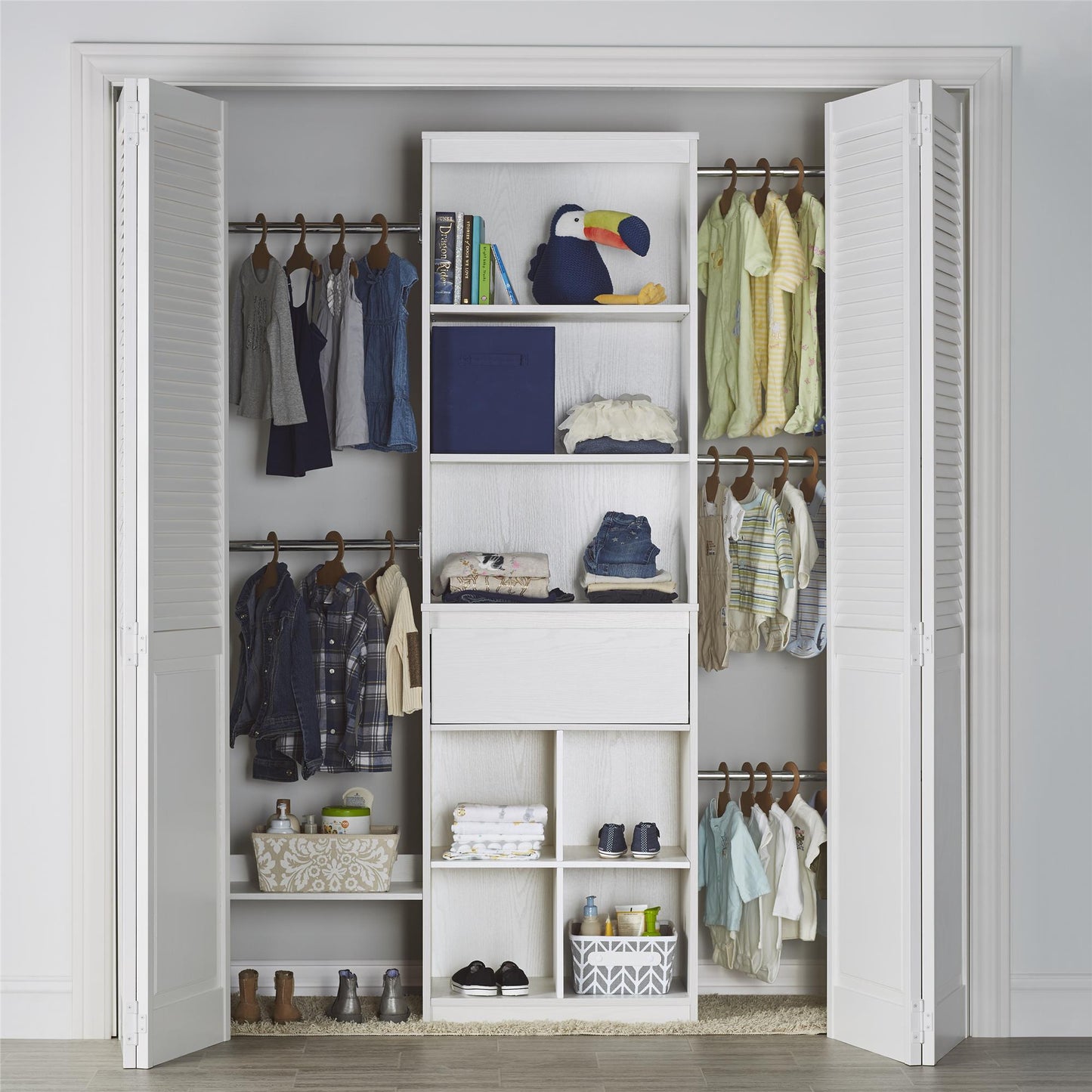 Grow with Me Adjustable Kids’ Closet Organizer System with Adjustable Poles - White