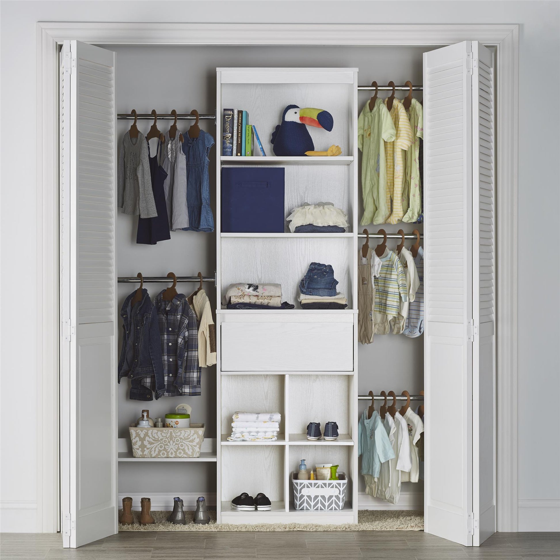 Grow with Me Adjustable Kids’ Closet Organizer System with Adjustable Poles - White