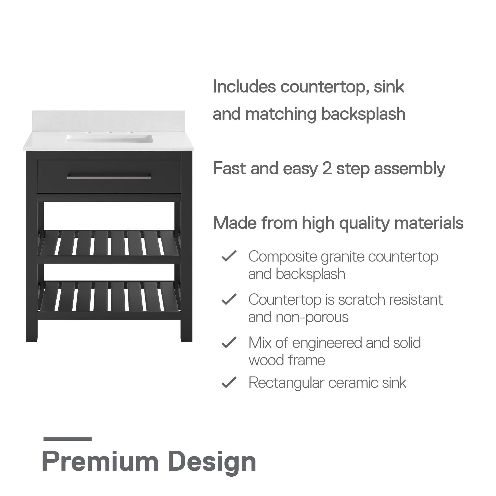 Camden Bathroom Vanity with Ceramic Sink and Metal Towel Rack - Black - 30"