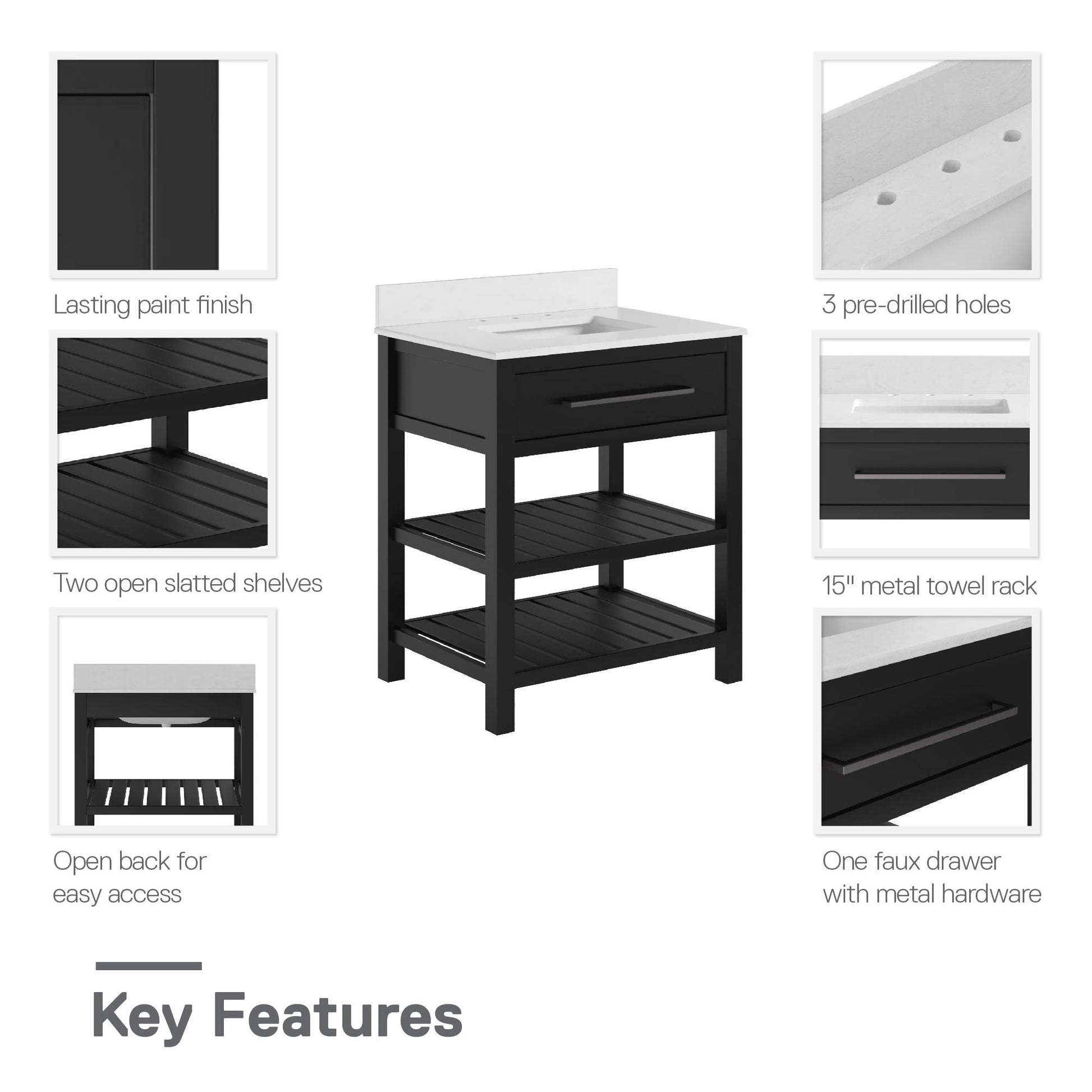 Camden Bathroom Vanity with Ceramic Sink and Metal Towel Rack - Black - 30"