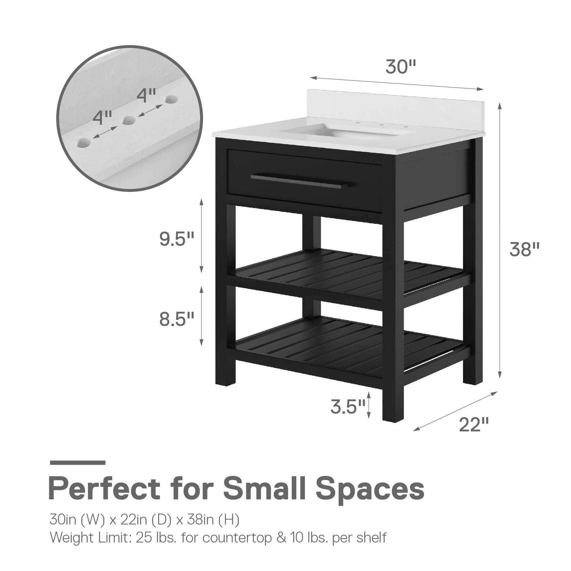 Camden Bathroom Vanity with Ceramic Sink and Metal Towel Rack - Black - 30"
