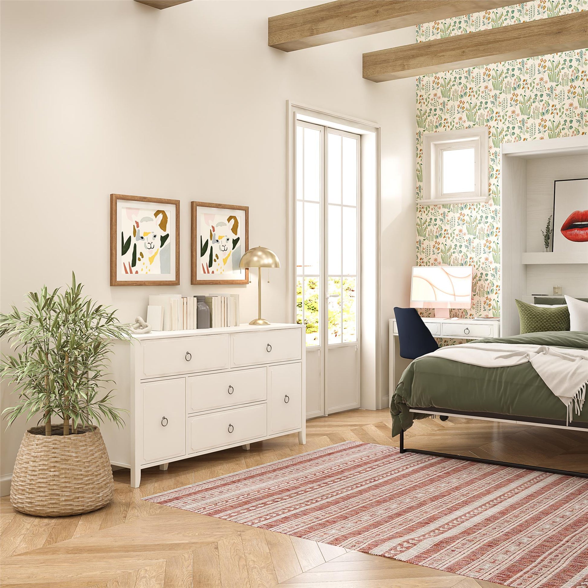 Her Majesty 4 Drawer/2 Door Wide Dresser, Soft White - White