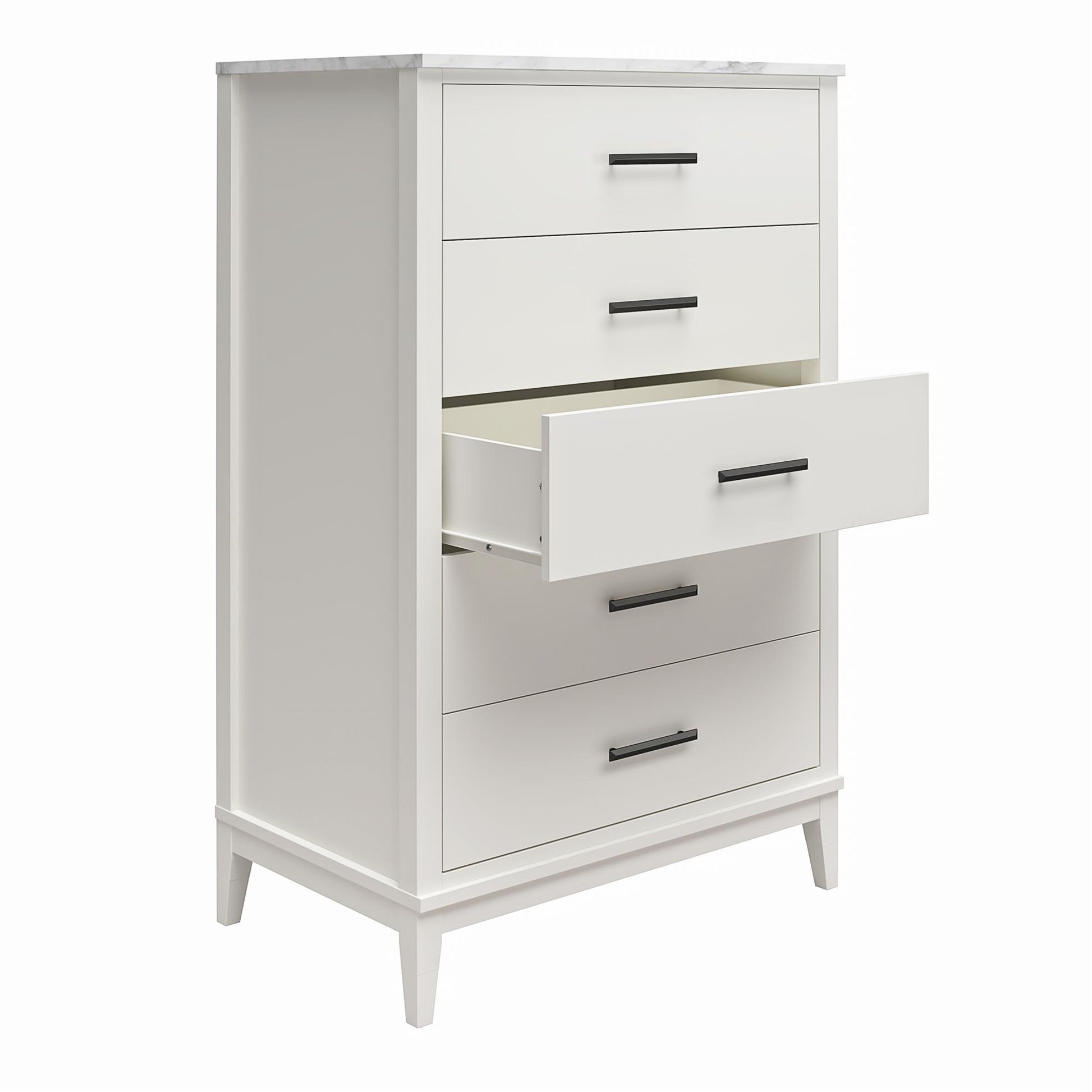 Lynnhaven Modern Tall 5 Drawer with Tapered Legs & Marble Top - White