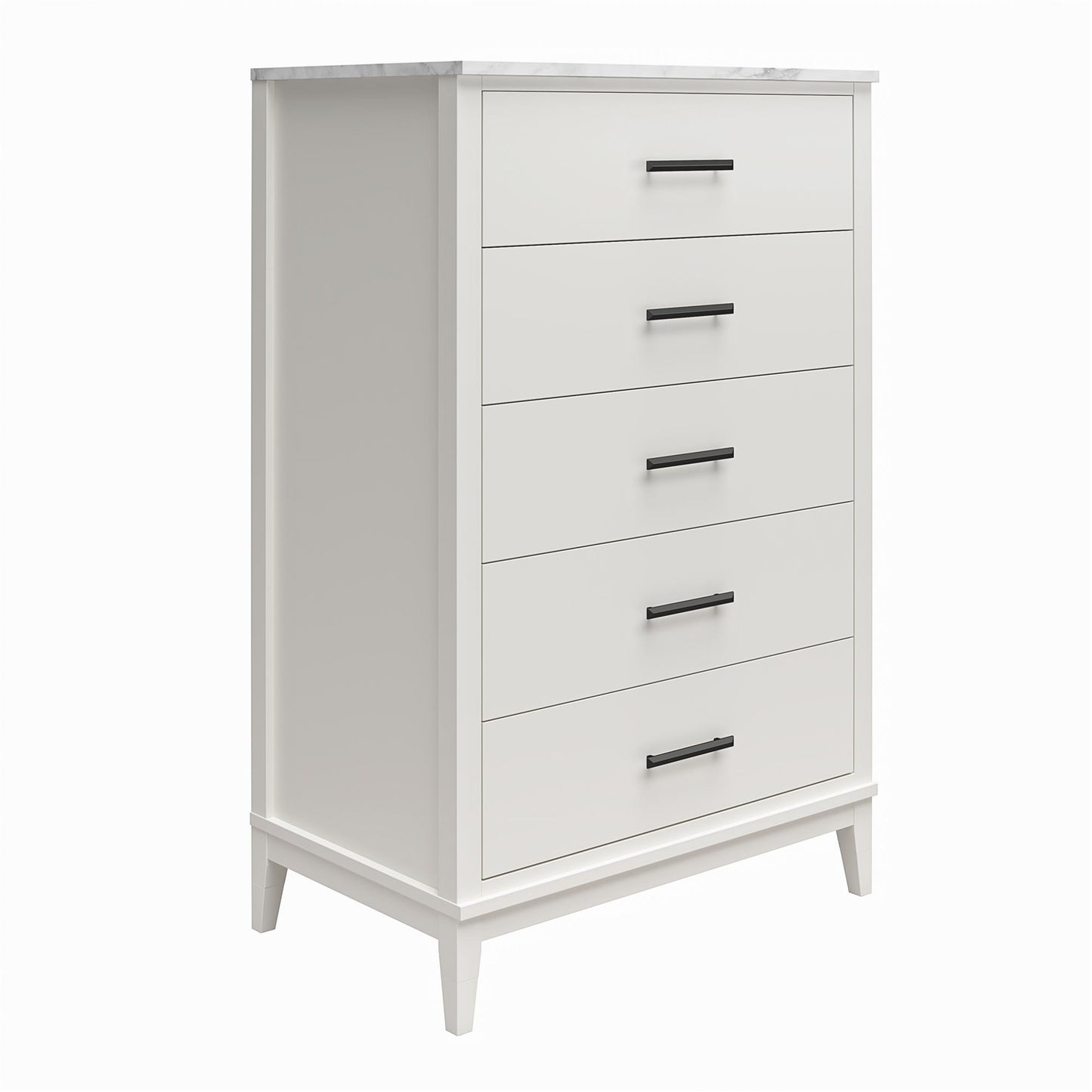 Lynnhaven Modern Tall 5 Drawer with Tapered Legs & Marble Top - White