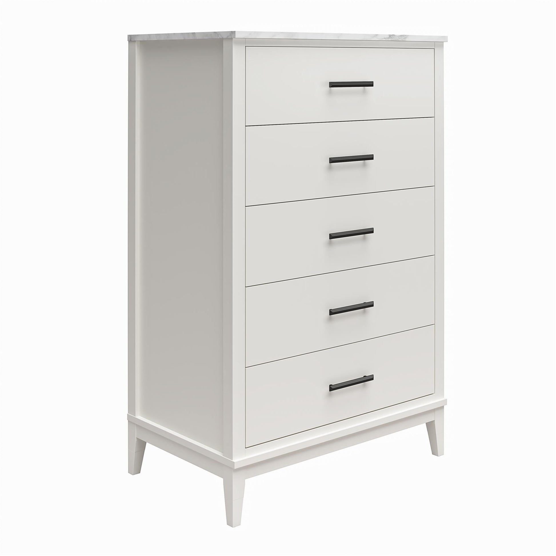 Lynnhaven Modern Tall 5 Drawer with Tapered Legs & Marble Top - White