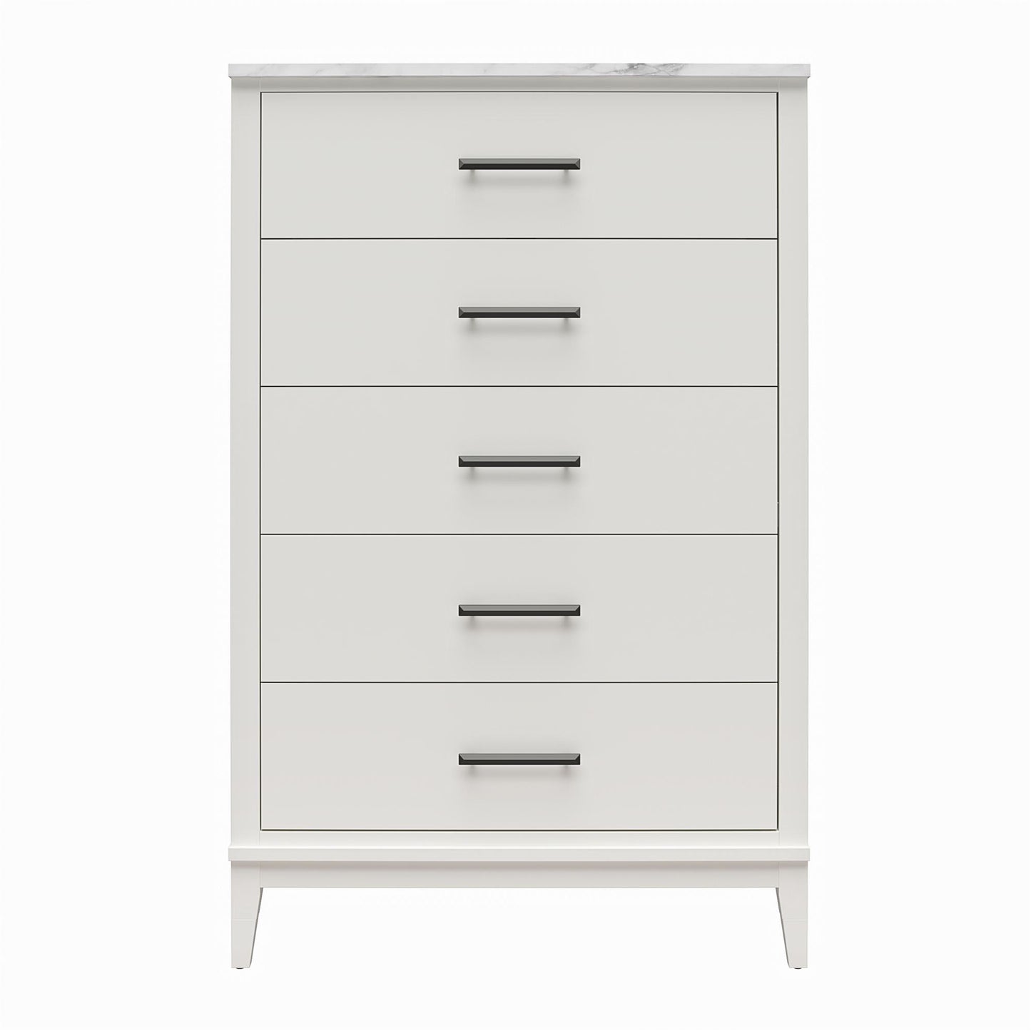 Lynnhaven Modern Tall 5 Drawer with Tapered Legs & Marble Top - White