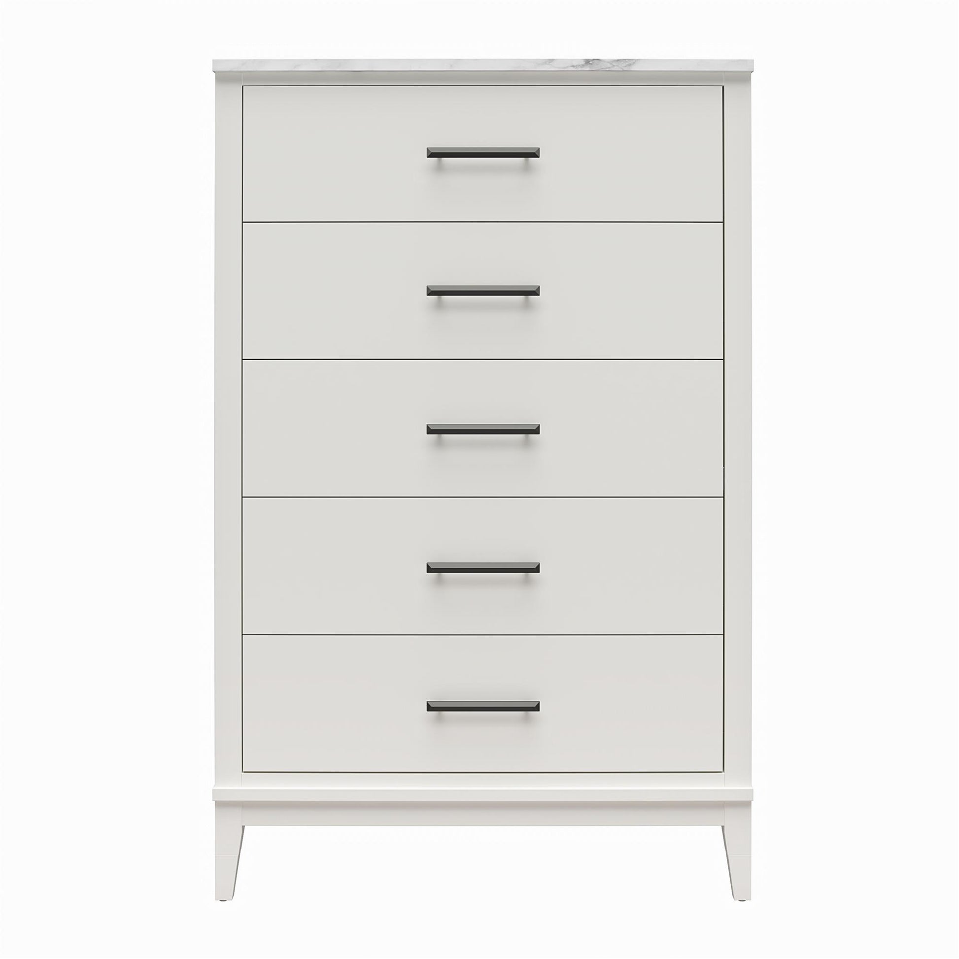 Lynnhaven Modern Tall 5 Drawer with Tapered Legs & Marble Top - White