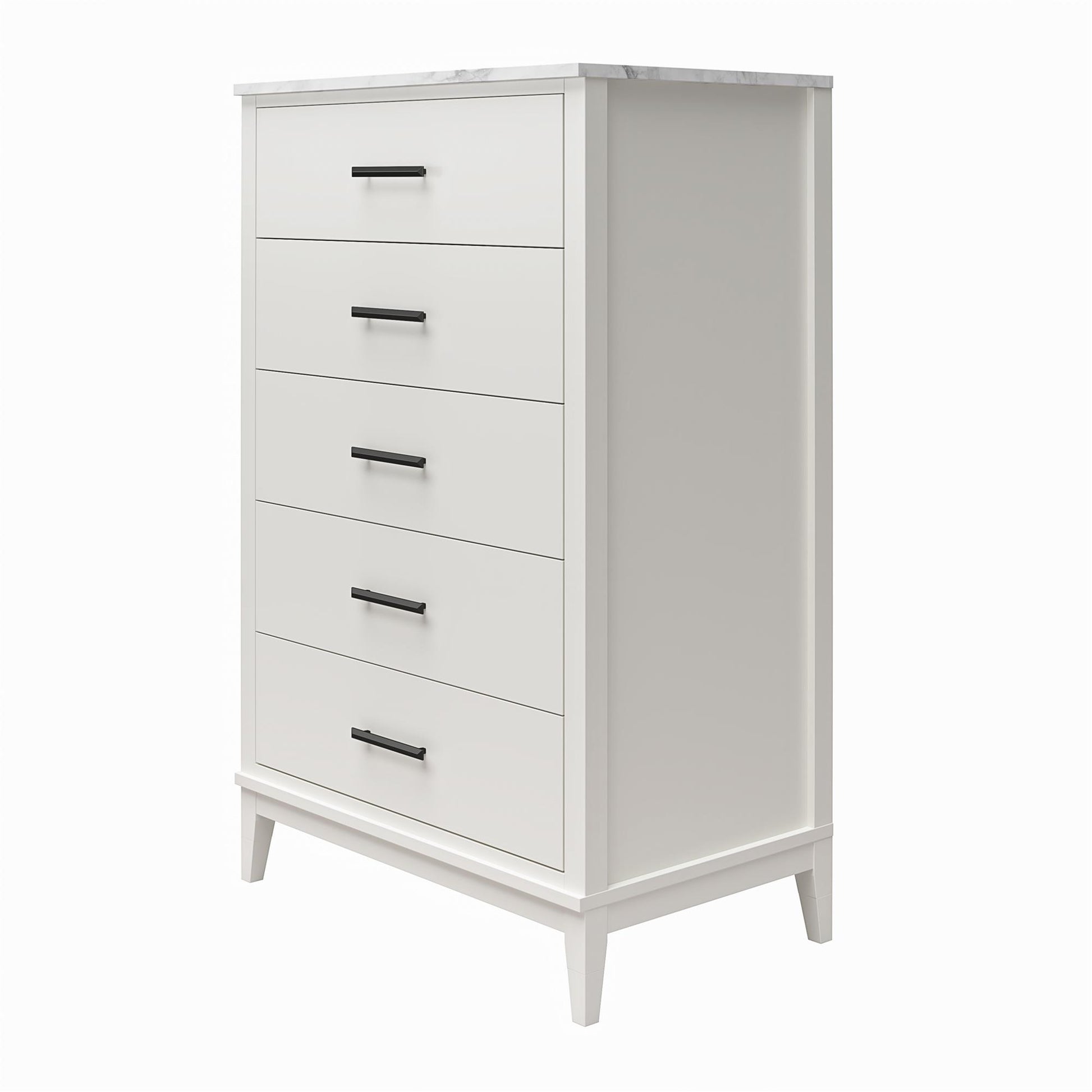 Lynnhaven Modern Tall 5 Drawer with Tapered Legs & Marble Top - White